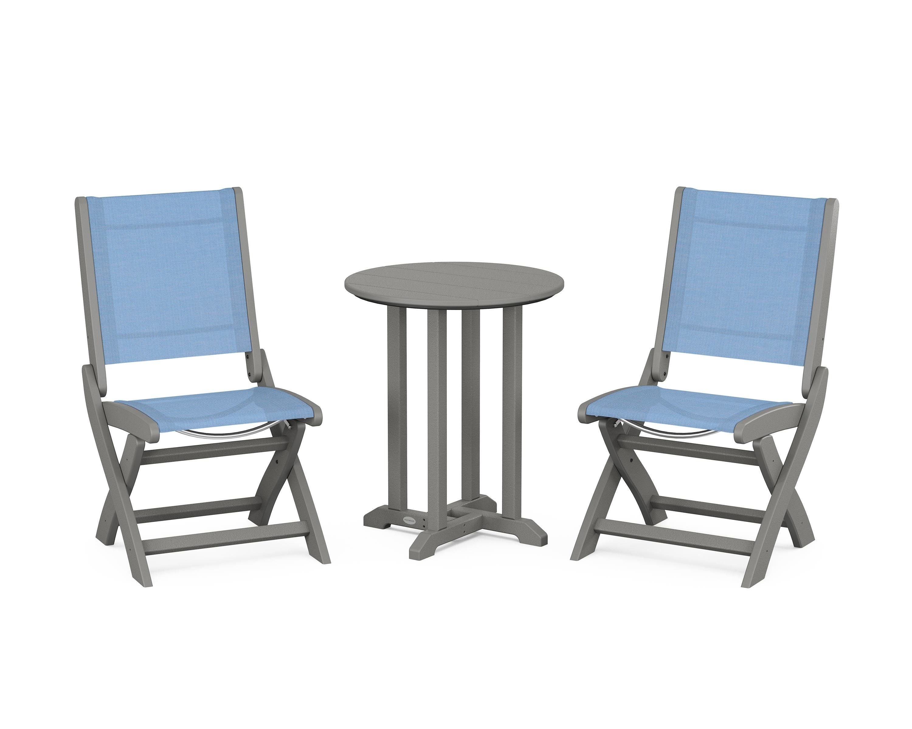 POLYWOOD® Coastal Folding Side Chair 3-Piece Round Bistro Dining Set in Slate Grey / Poolside Sling