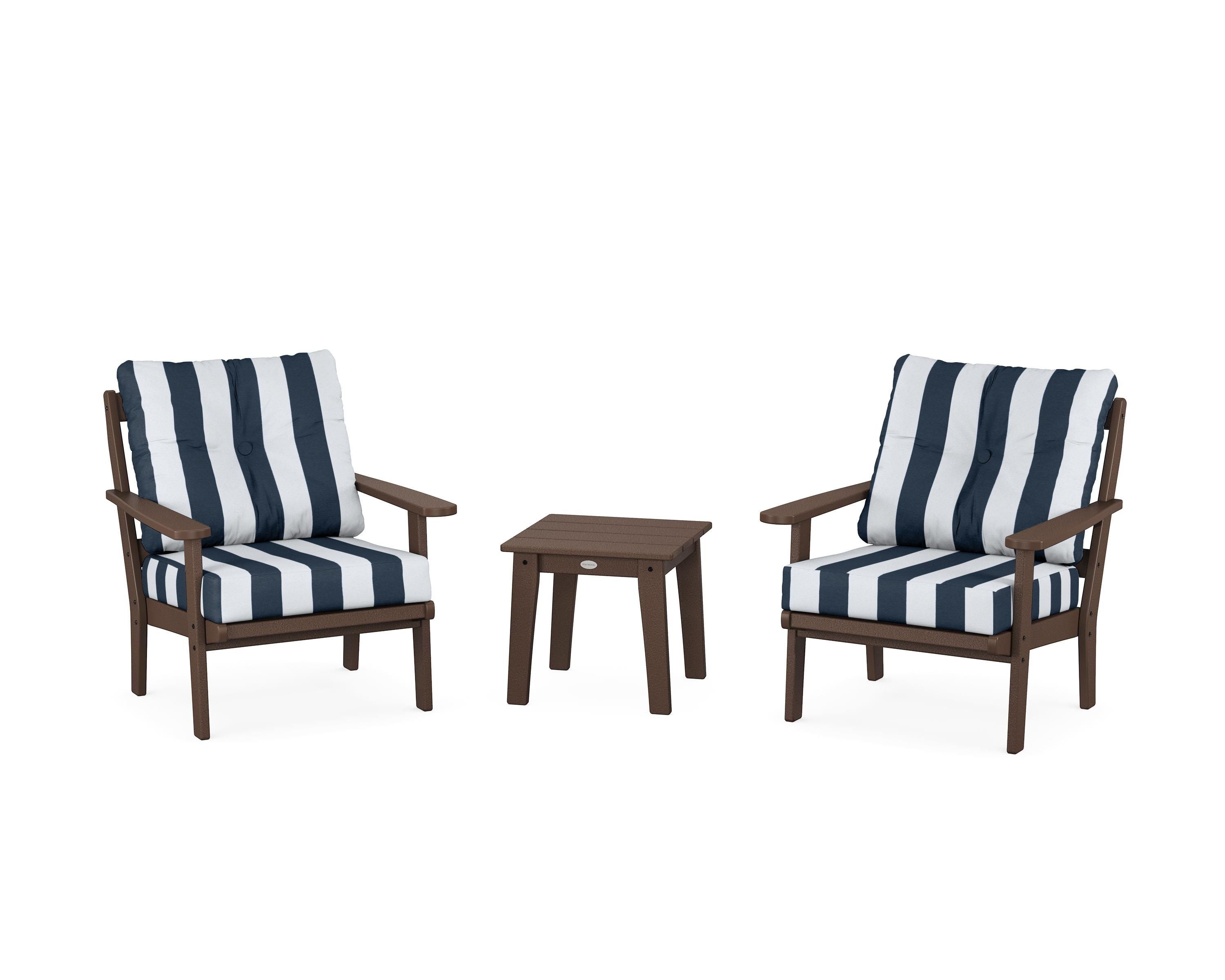 POLYWOOD® Mission 3-Piece Deep Seating Set in Mahogany / Cabana Stripe Marine Indigo