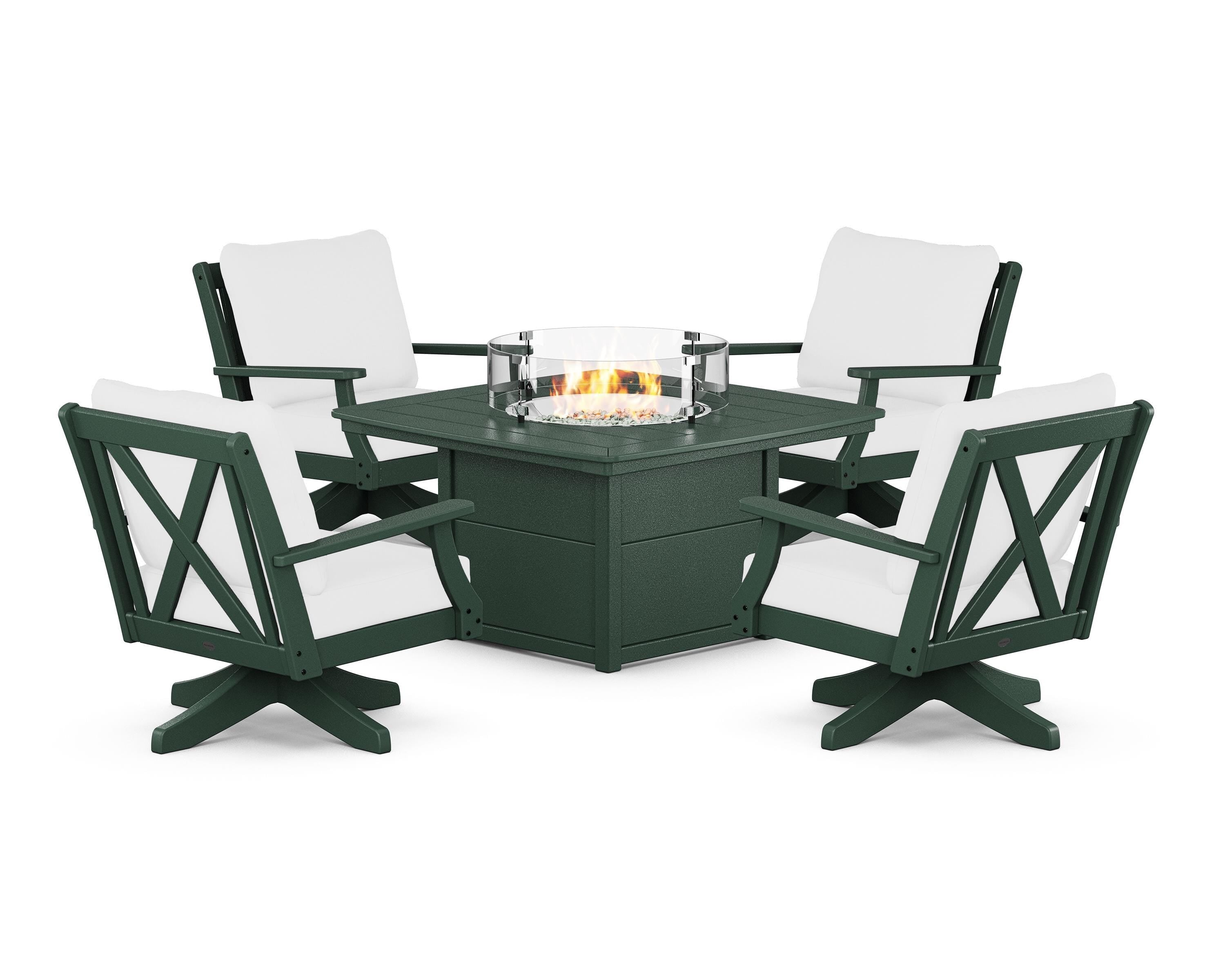 POLYWOOD® Braxton 5-Piece Deep Seating Swivel Conversation Set with Fire Pit Table in Green / Natural