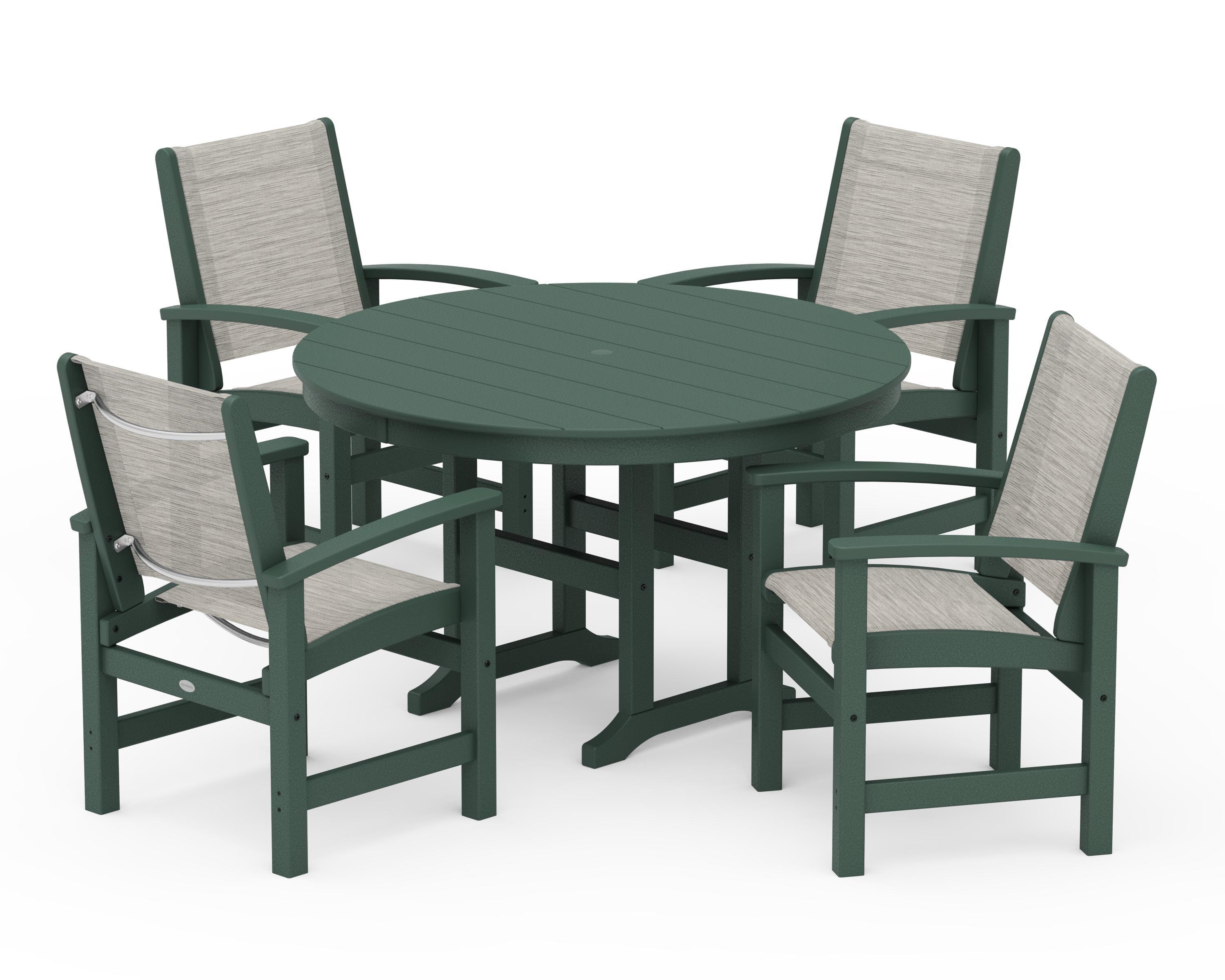 POLYWOOD® Coastal 5-Piece Round Farmhouse Dining Set in Green / Birch Sling