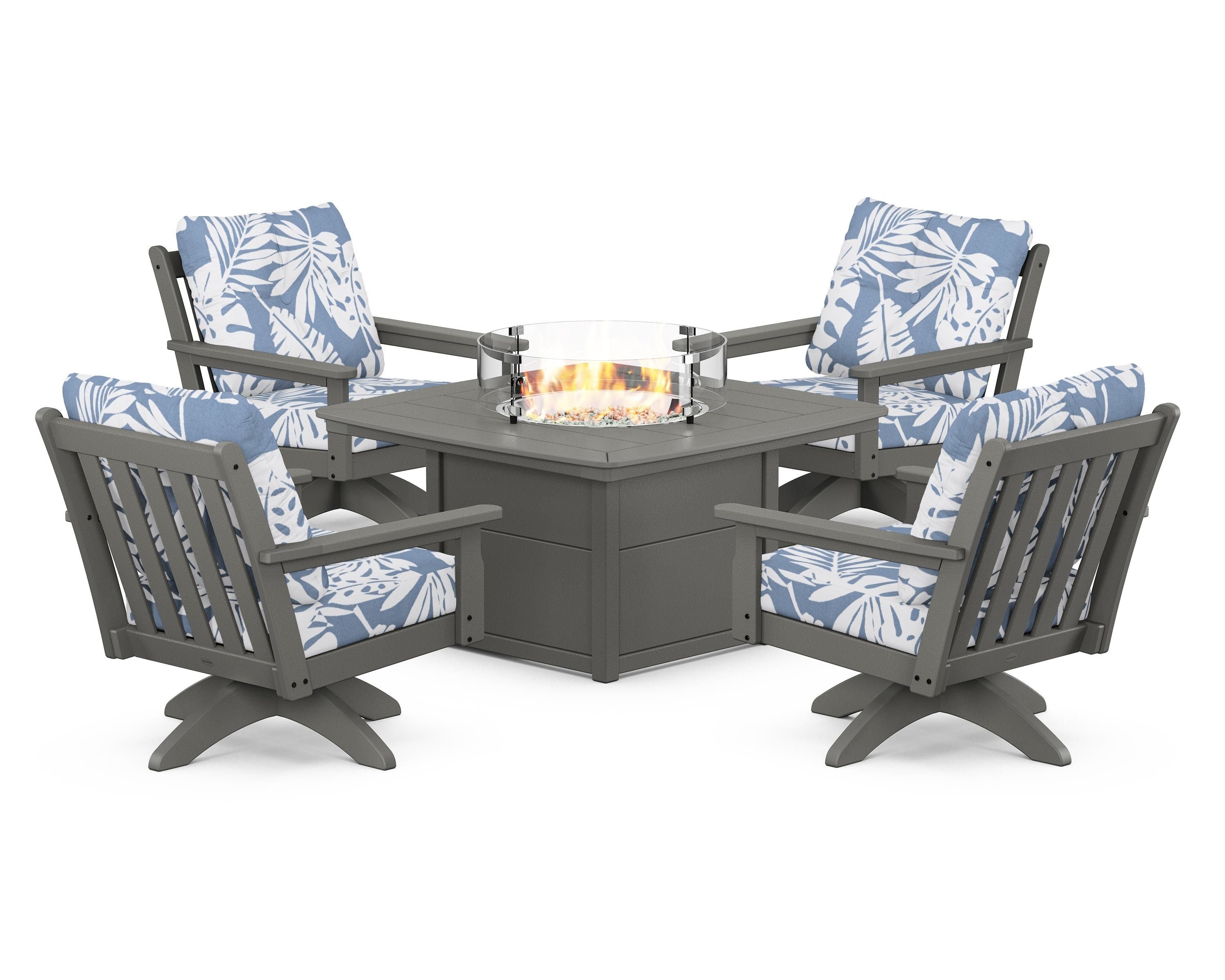 POLYWOOD® Vineyard 5-Piece Deep Seating Swivel Conversation Set with Fire Pit Table in Slate Grey / Leaf Sky Blue