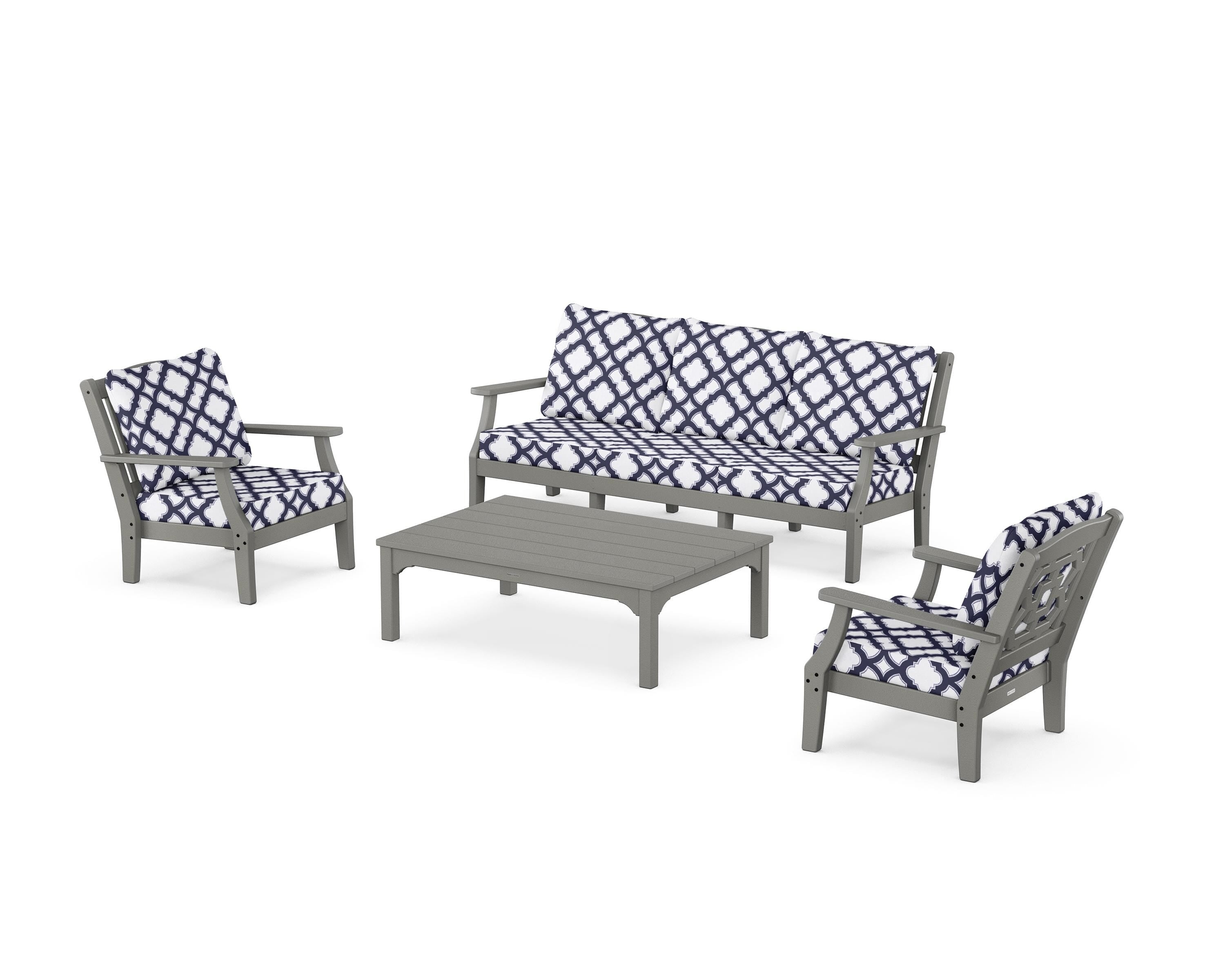 Martha Stewart by POLYWOOD® Chinoiserie 4-Piece Deep Seating Set with Sofa in Slate Grey / Trellis Navy