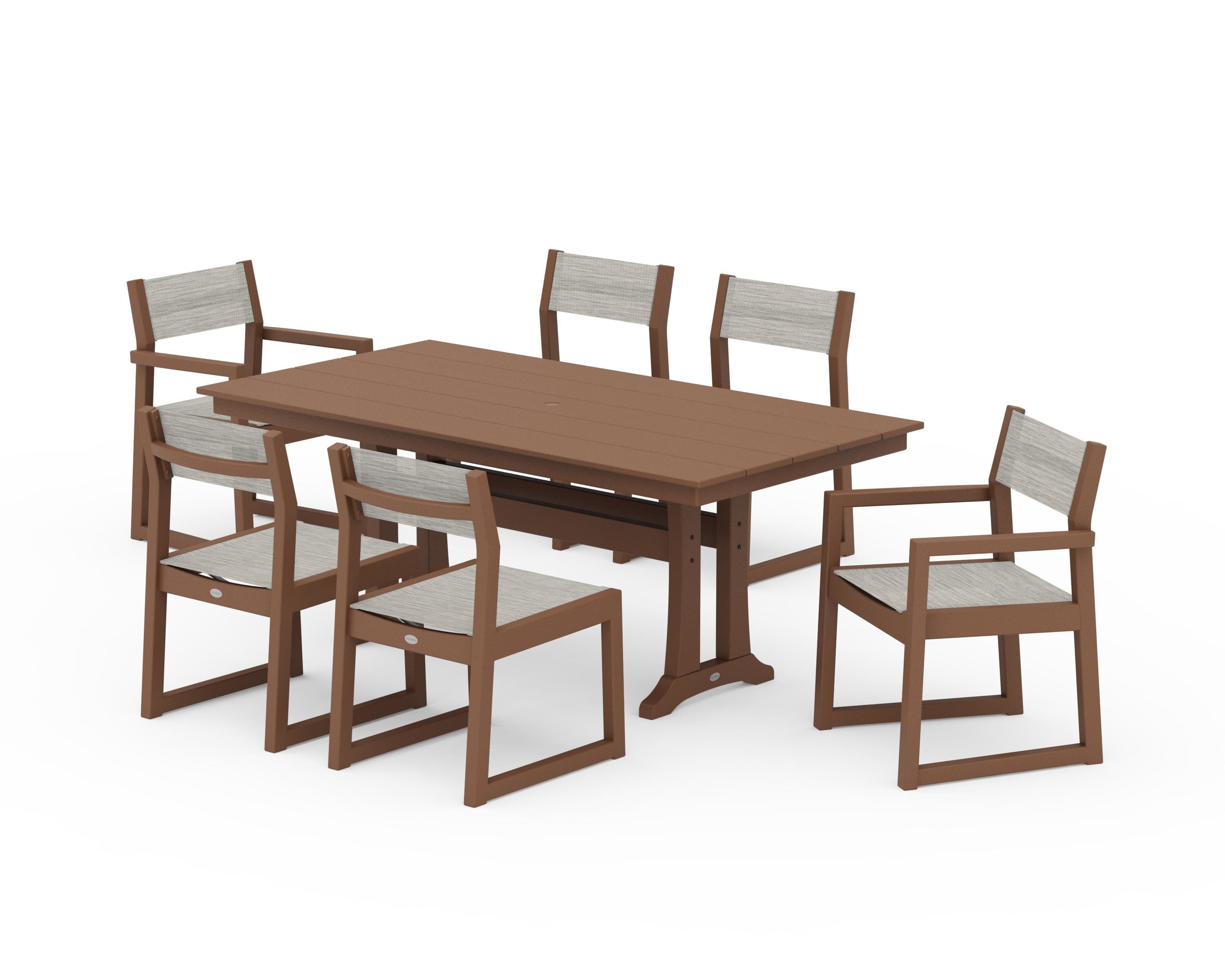 POLYWOOD® EDGE Sling 7-Piece Farmhouse Trestle Dining Set in Teak / Birch Sling