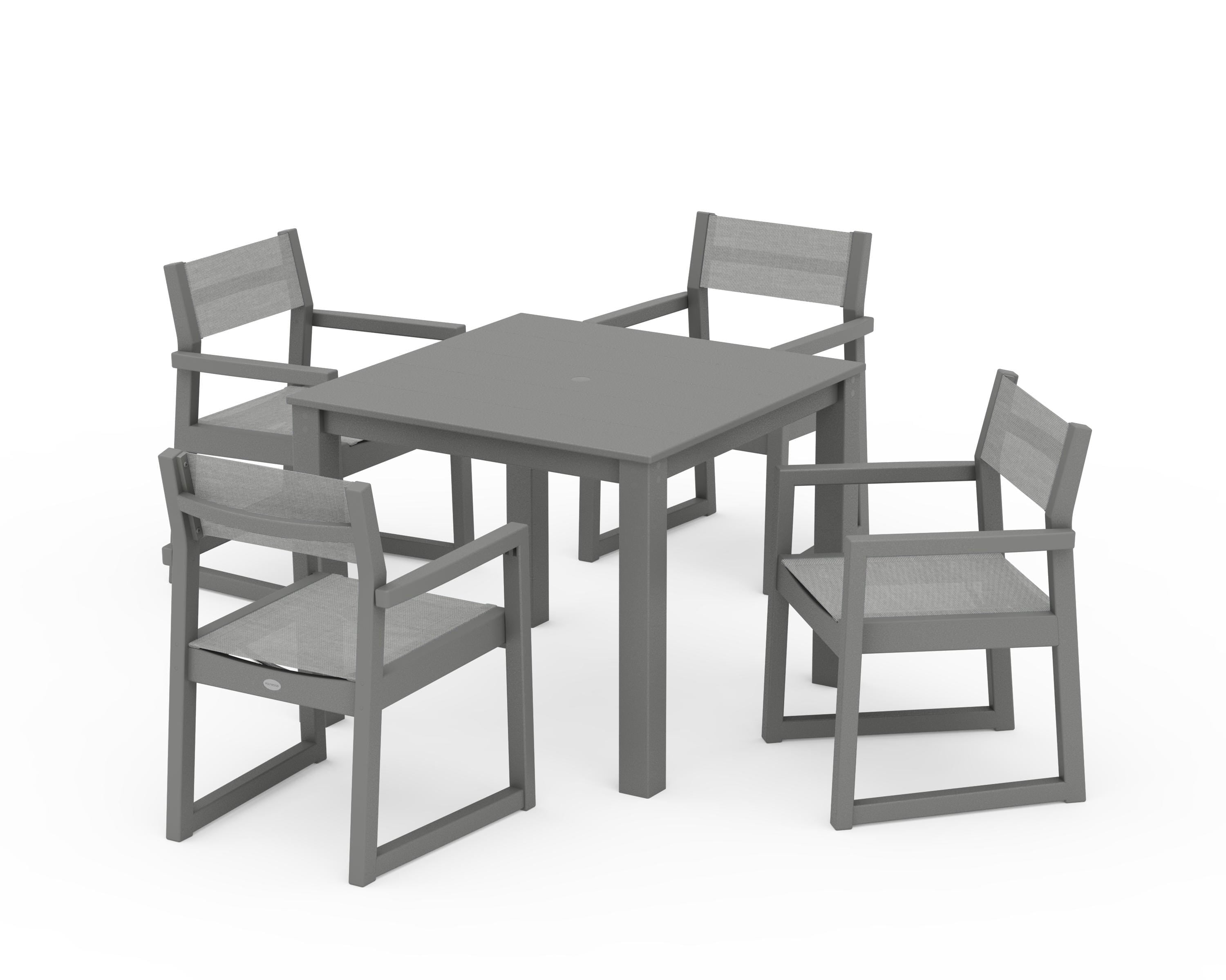 POLYWOOD® EDGE Sling Arm Chair 5-Piece Parsons Dining Set in Slate Grey / Metallic Sling