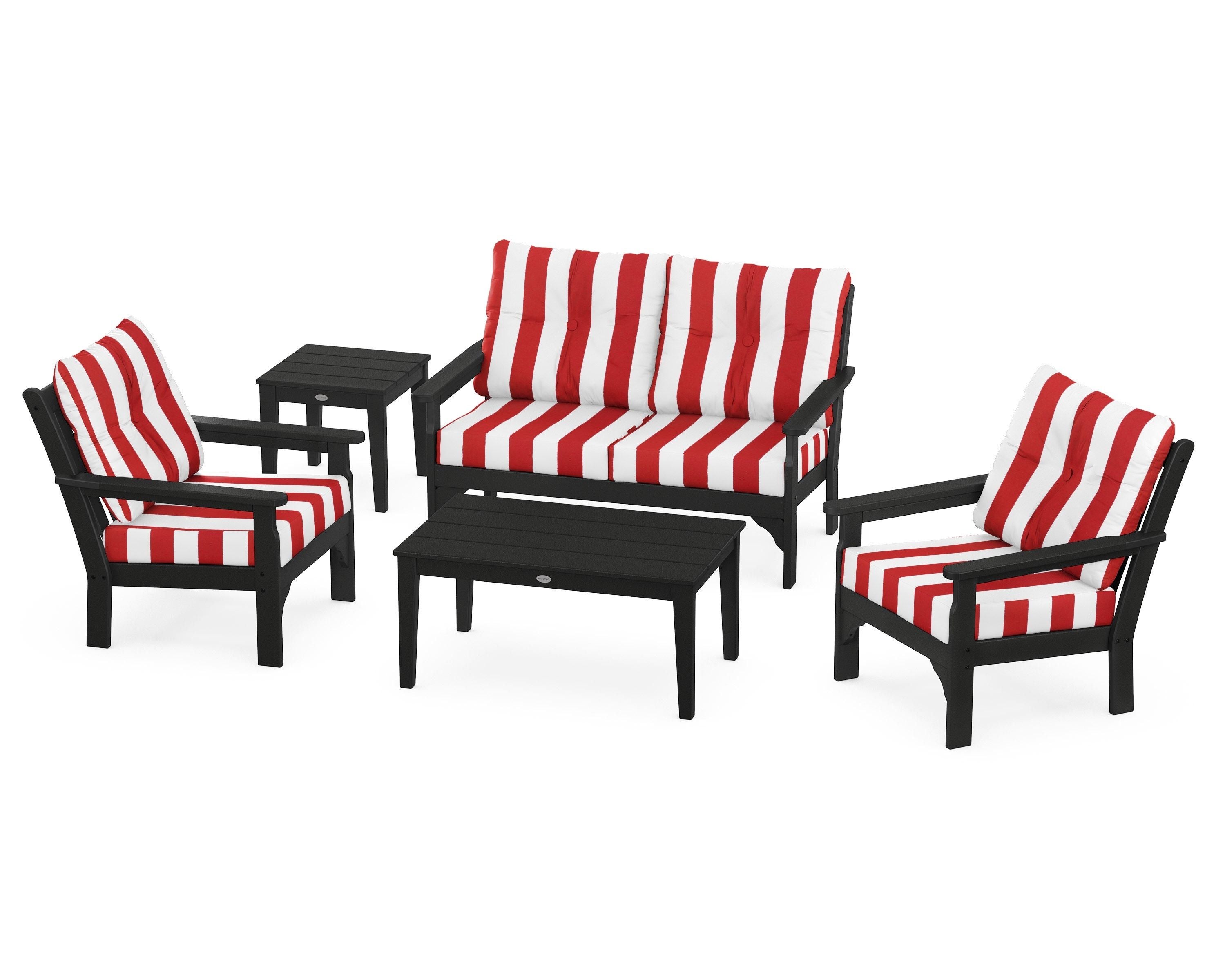 POLYWOOD® Vineyard 5-Piece Deep Seating Set in Black / Cabana Stripe Crimson