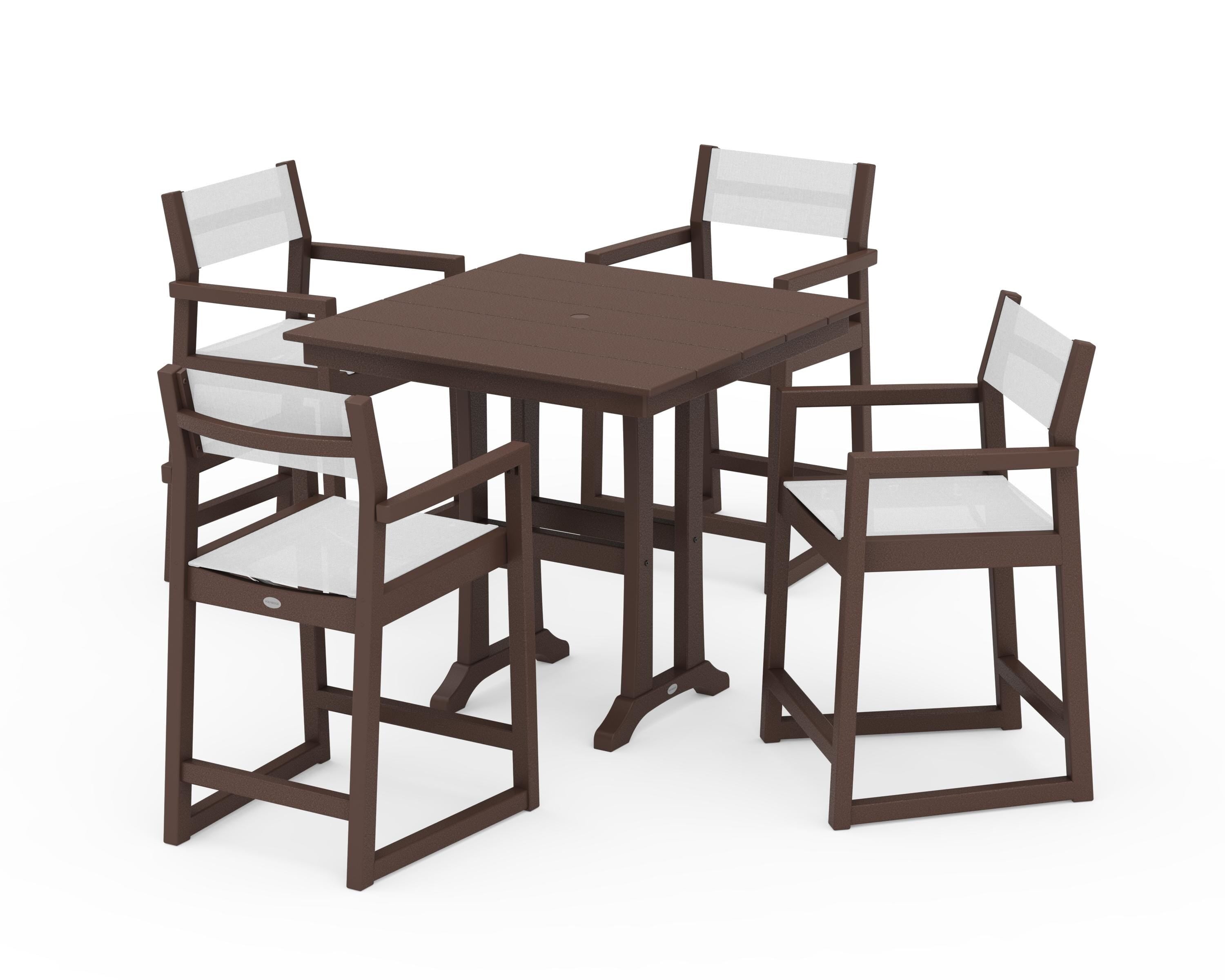 POLYWOOD® EDGE Sling Arm Chair 5-Piece Farmhouse Counter Set with Trestle Legs in Mahogany / White Sling