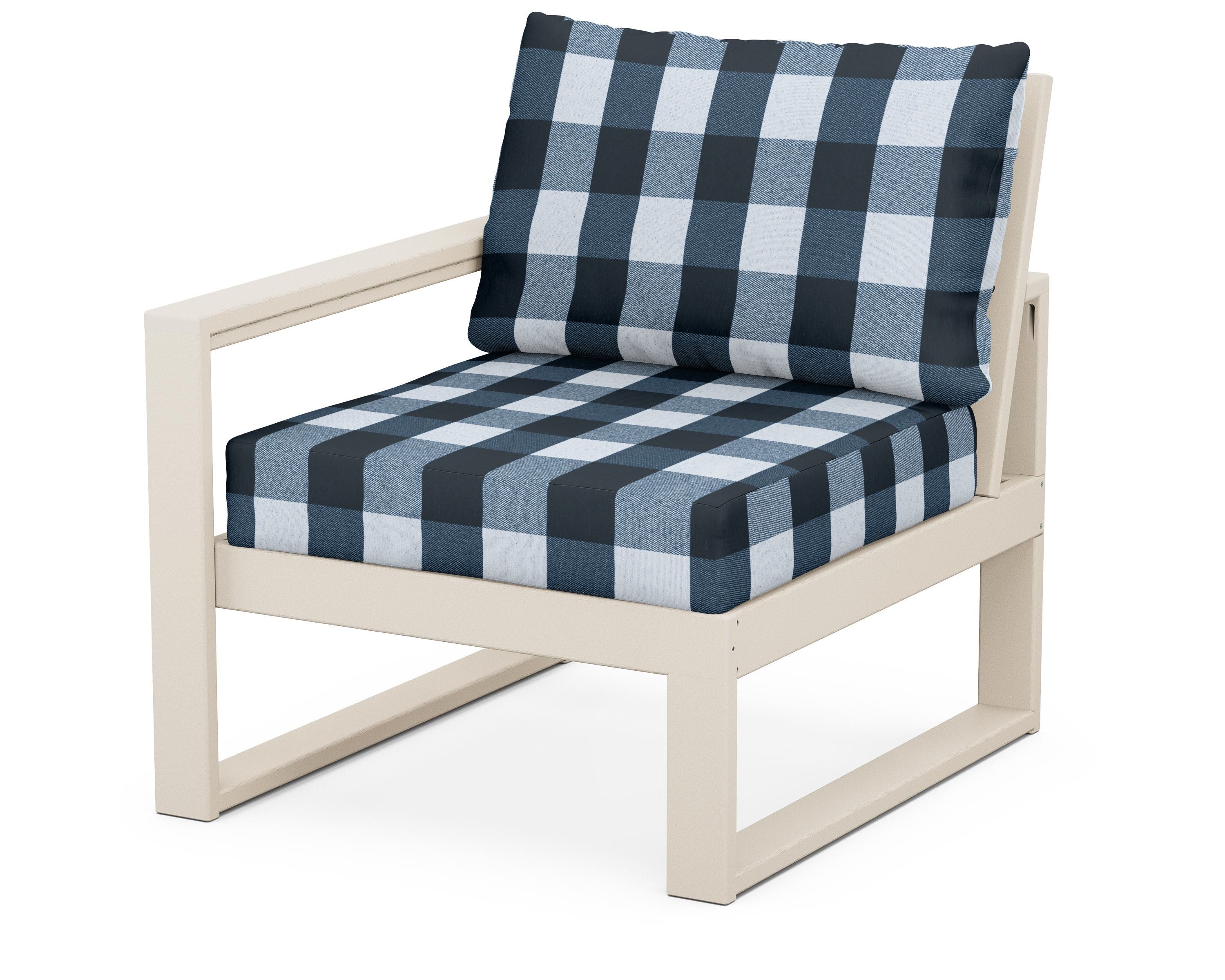 POLYWOOD® EDGE Modular Left Arm Chair in Sand / Buffalo Plaid Marine Indigo
