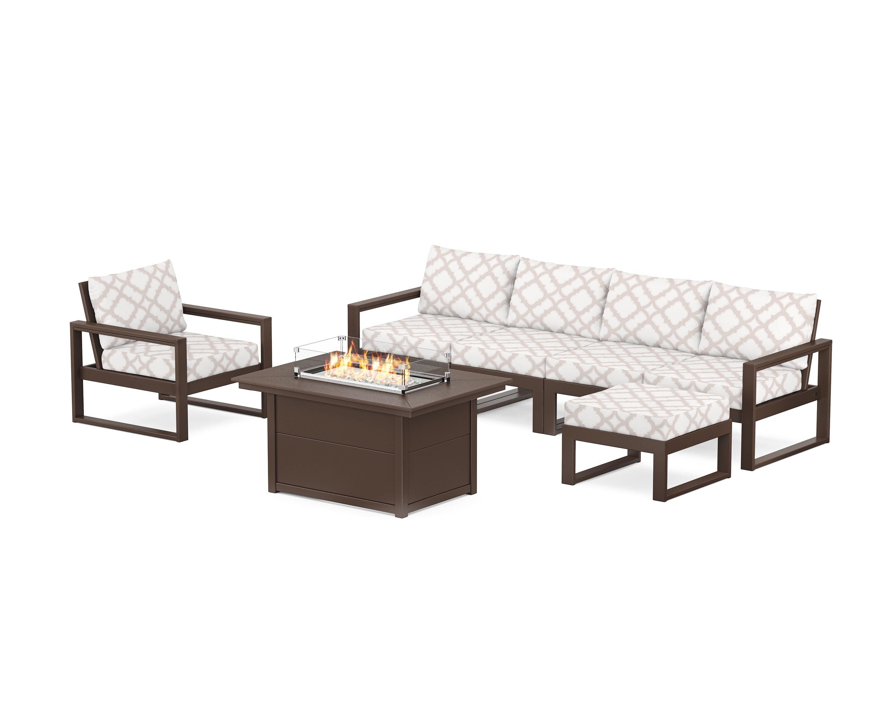 POLYWOOD® EDGE Sectional Lounge and Fire Pit Set in Mahogany / Trellis Dune Burlap