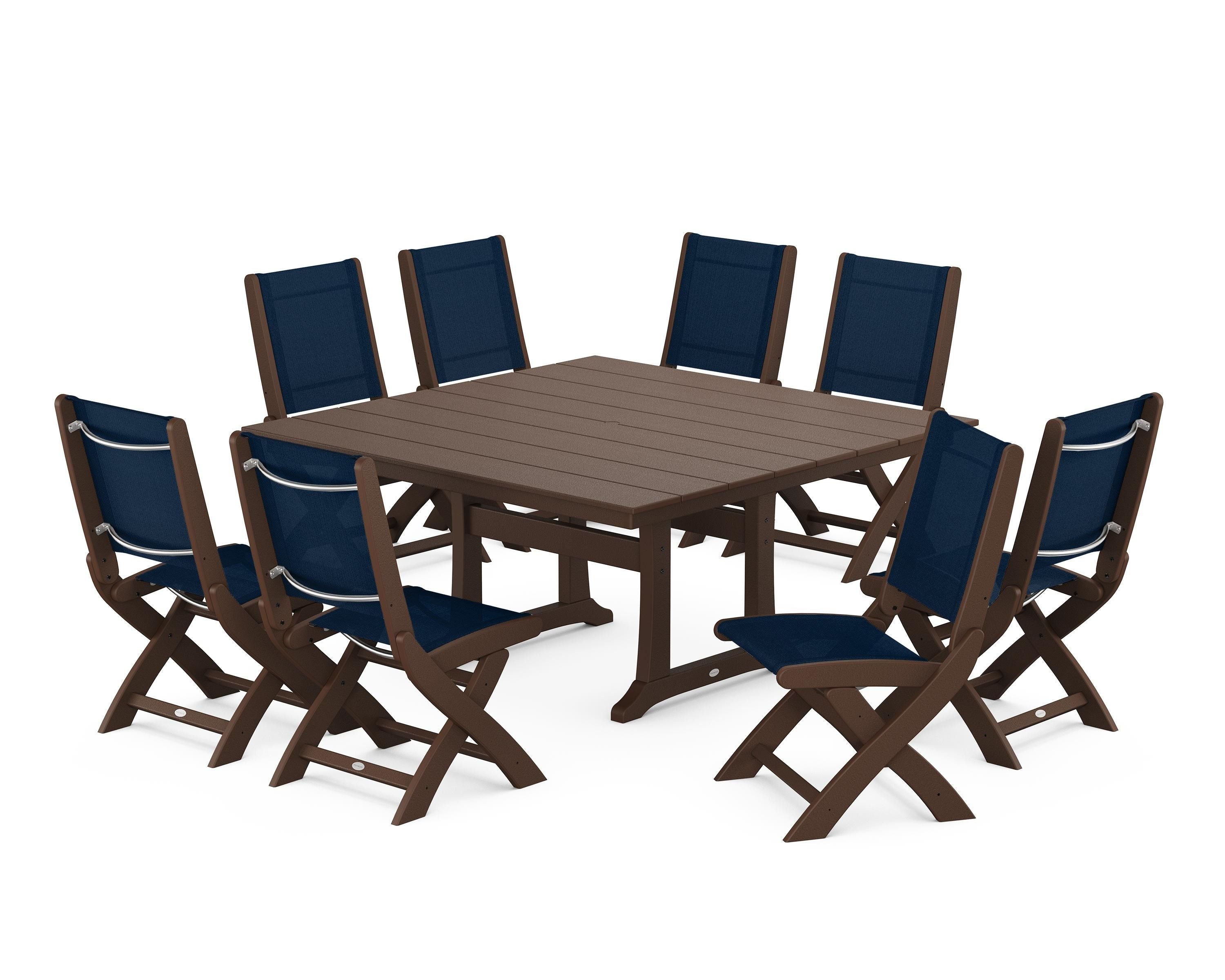 POLYWOOD® Coastal Folding Side Chair 9-Piece Farmhouse Dining Set in Mahogany / Navy Blue Sling