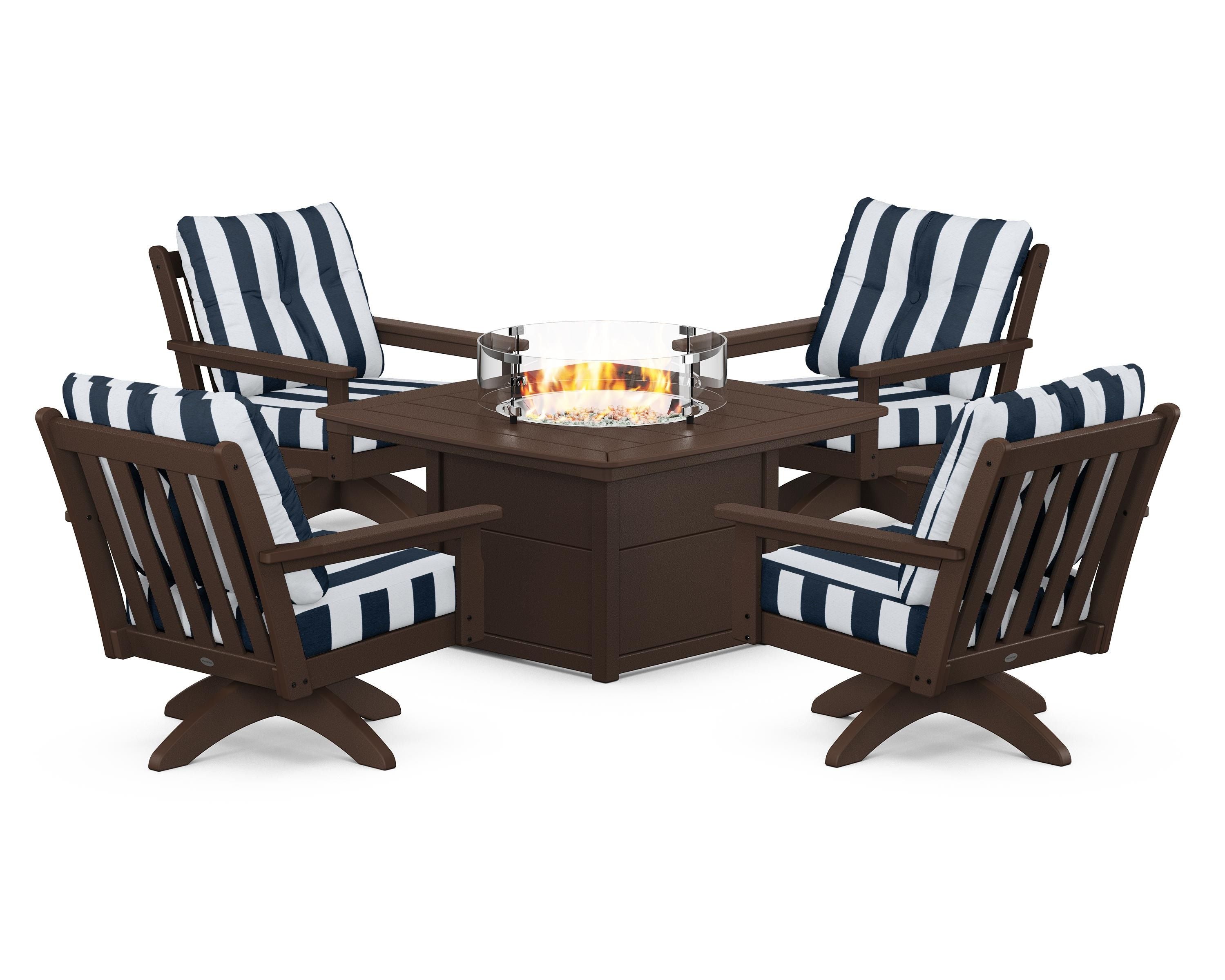 POLYWOOD® Vineyard 5-Piece Deep Seating Swivel Conversation Set with Fire Pit Table in Mahogany / Cabana Stripe Marine Indigo