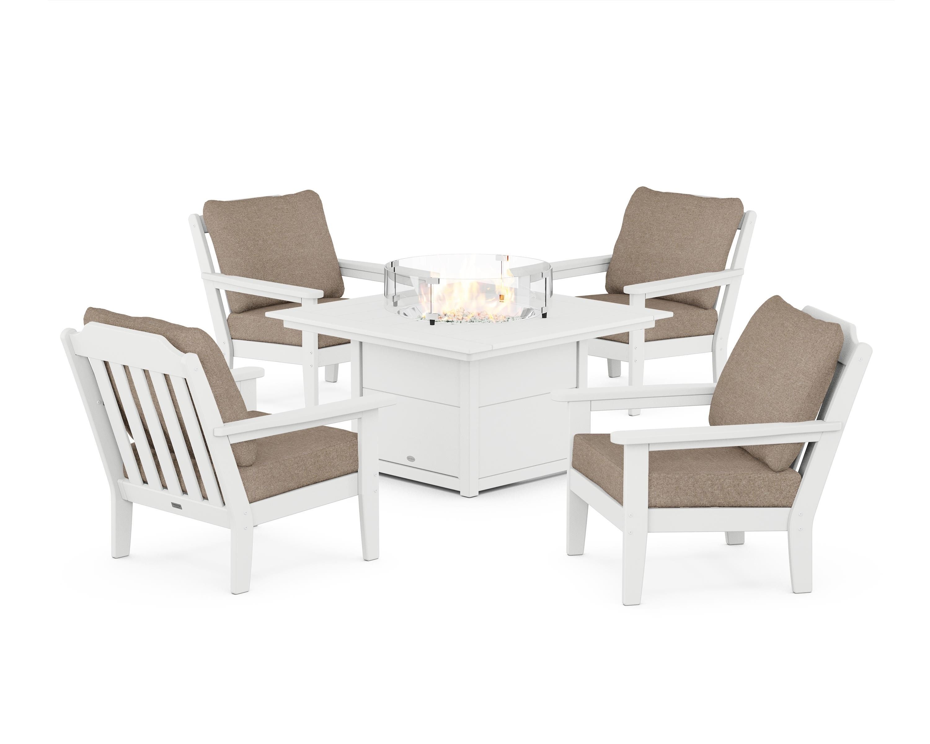 Country Living Cottage 5-Piece Deep Seating Set with Fire Pit Table in White / Spiced Burlap
