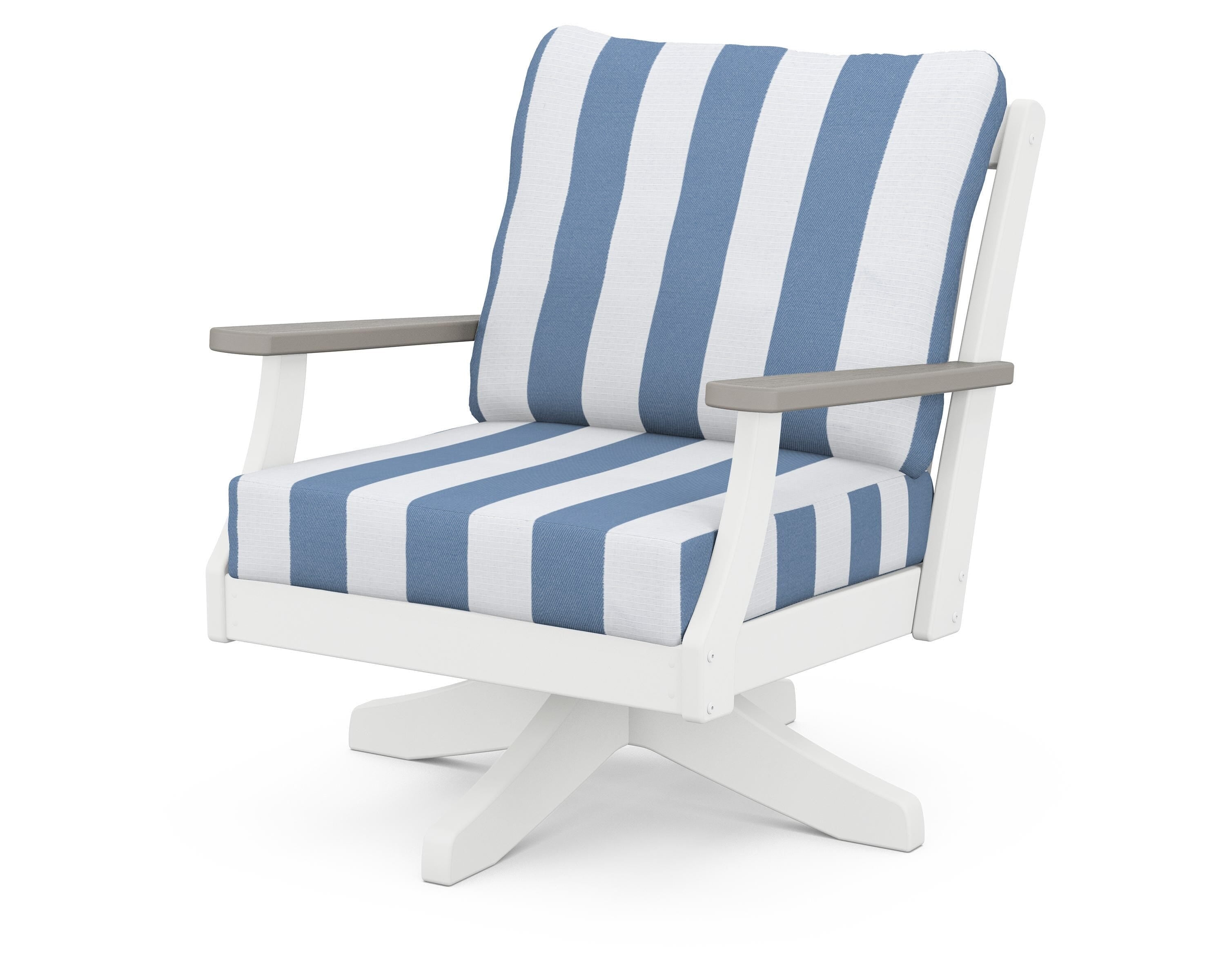 POLYWOOD® Braxton Deep Seating Swivel Chair in White / Driftwood / Cabana Stripe Sky Blue
