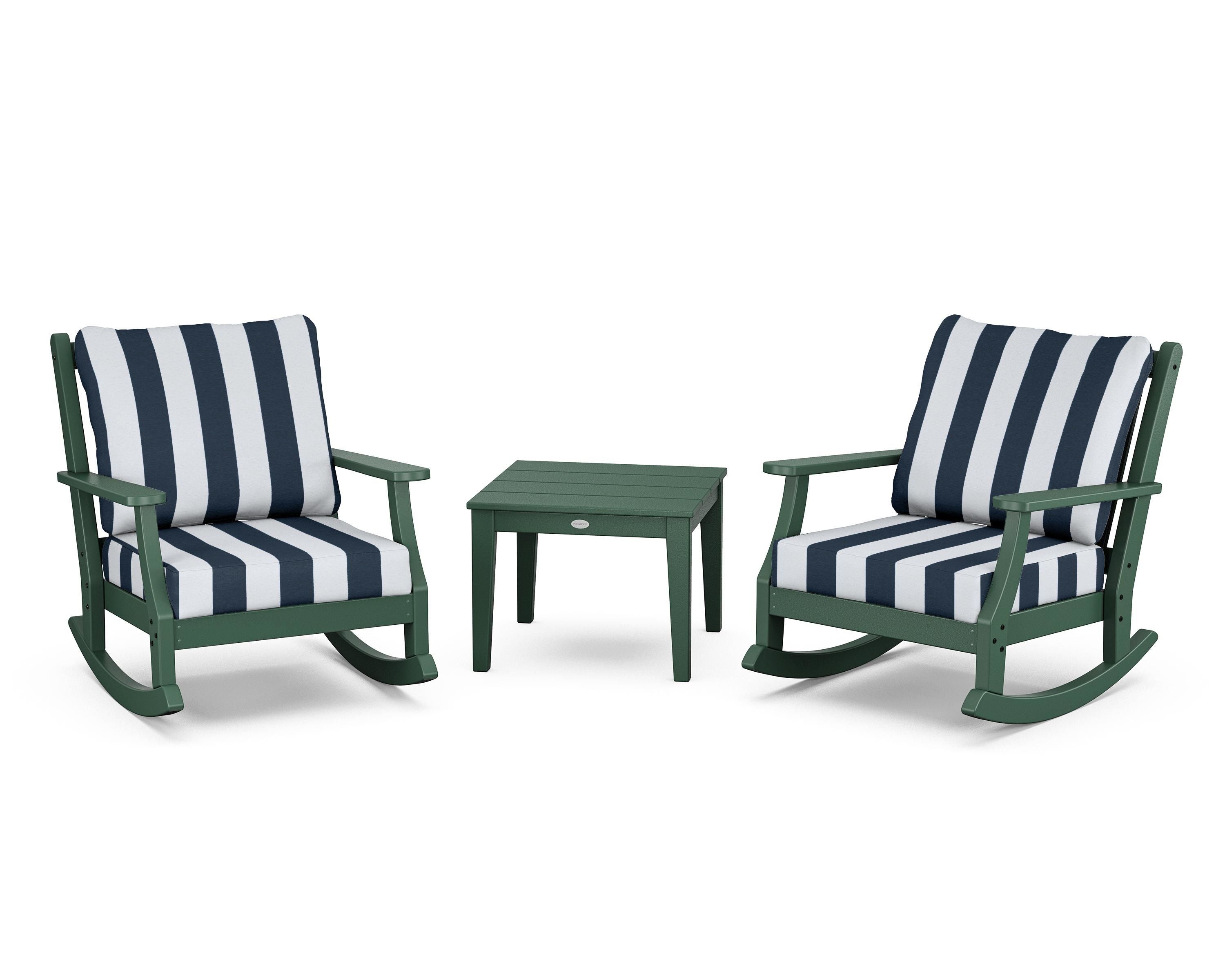 Country Living Wovendale 3-Piece Deep Seating Rocker Set in Green / Cabana Stripe Marine Indigo