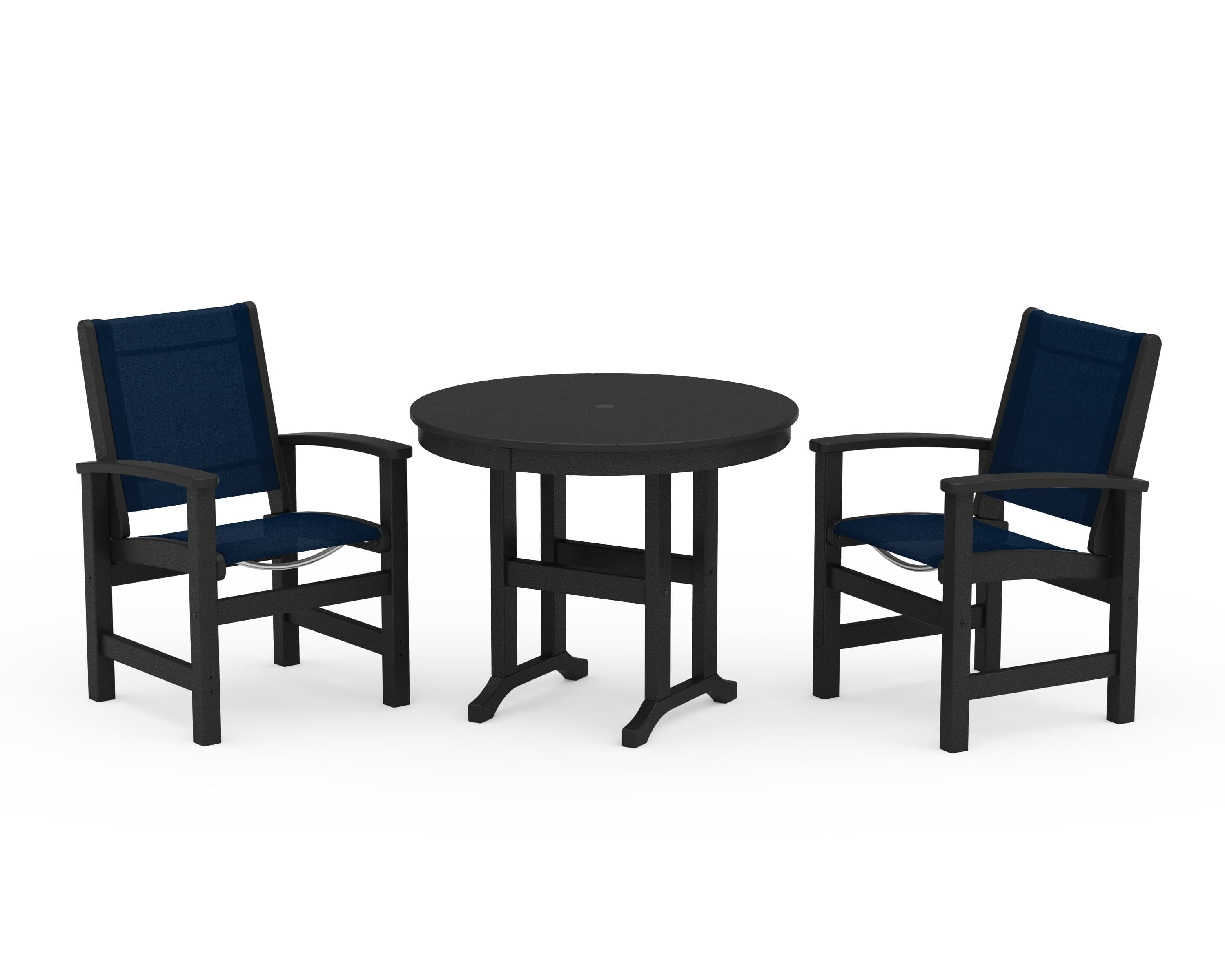 POLYWOOD® Coastal 3-Piece Round Dining Set in Black / Navy Blue Sling