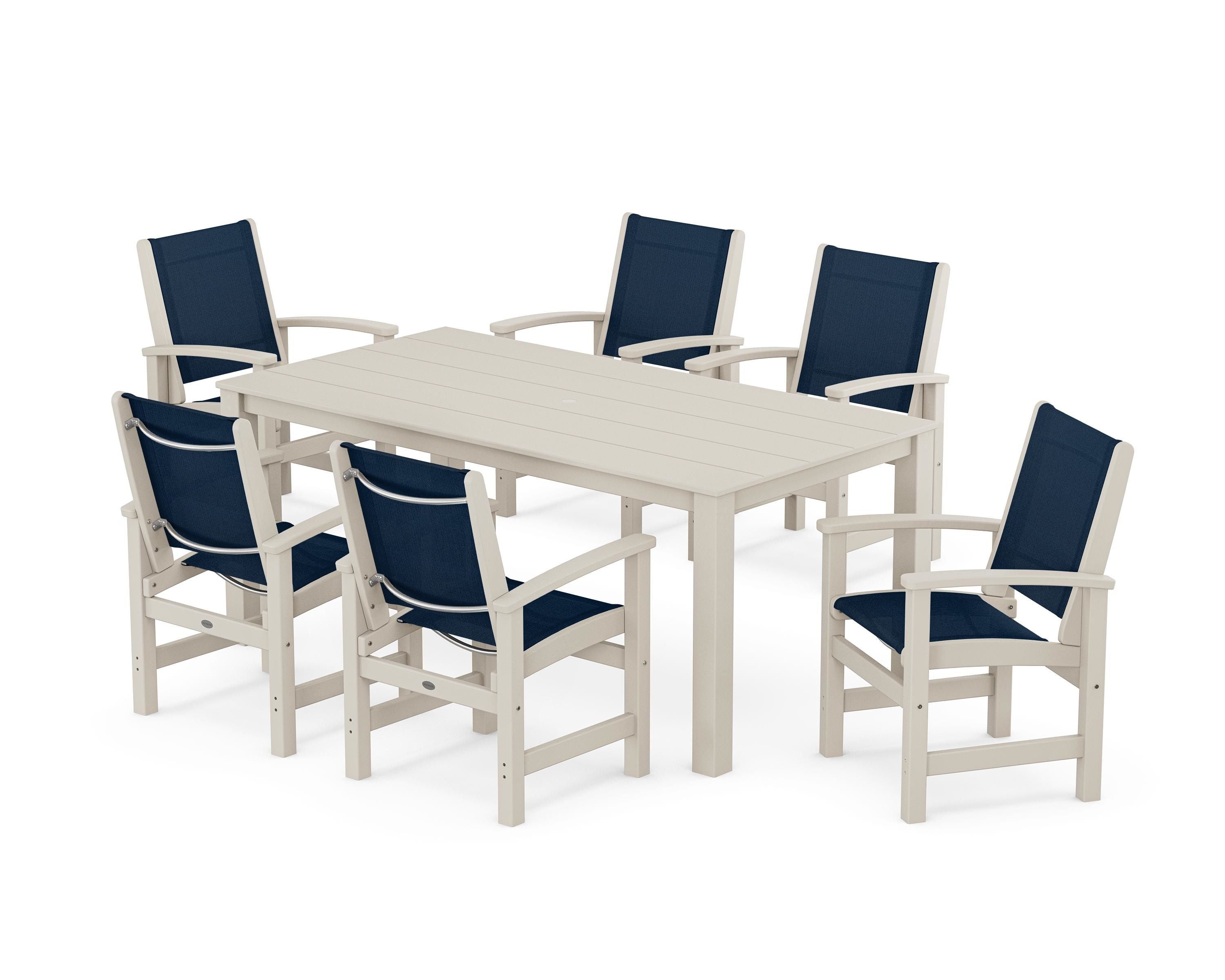 POLYWOOD® Coastal 7-Piece Parsons Dining Set in Sand / Navy Blue Sling