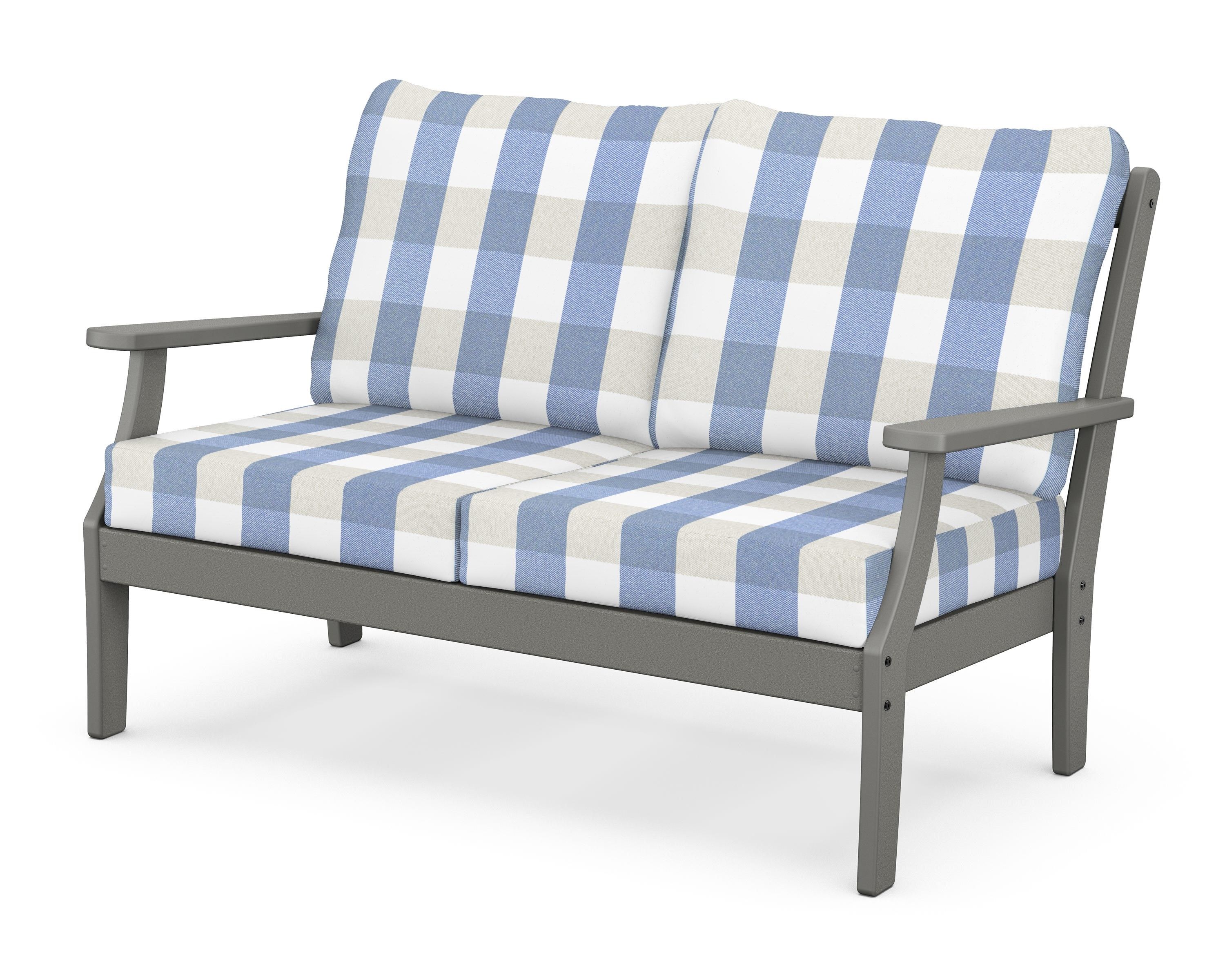 POLYWOOD® Braxton Deep Seating Loveseat in Slate Grey / Buffalo Plaid Sky Blue