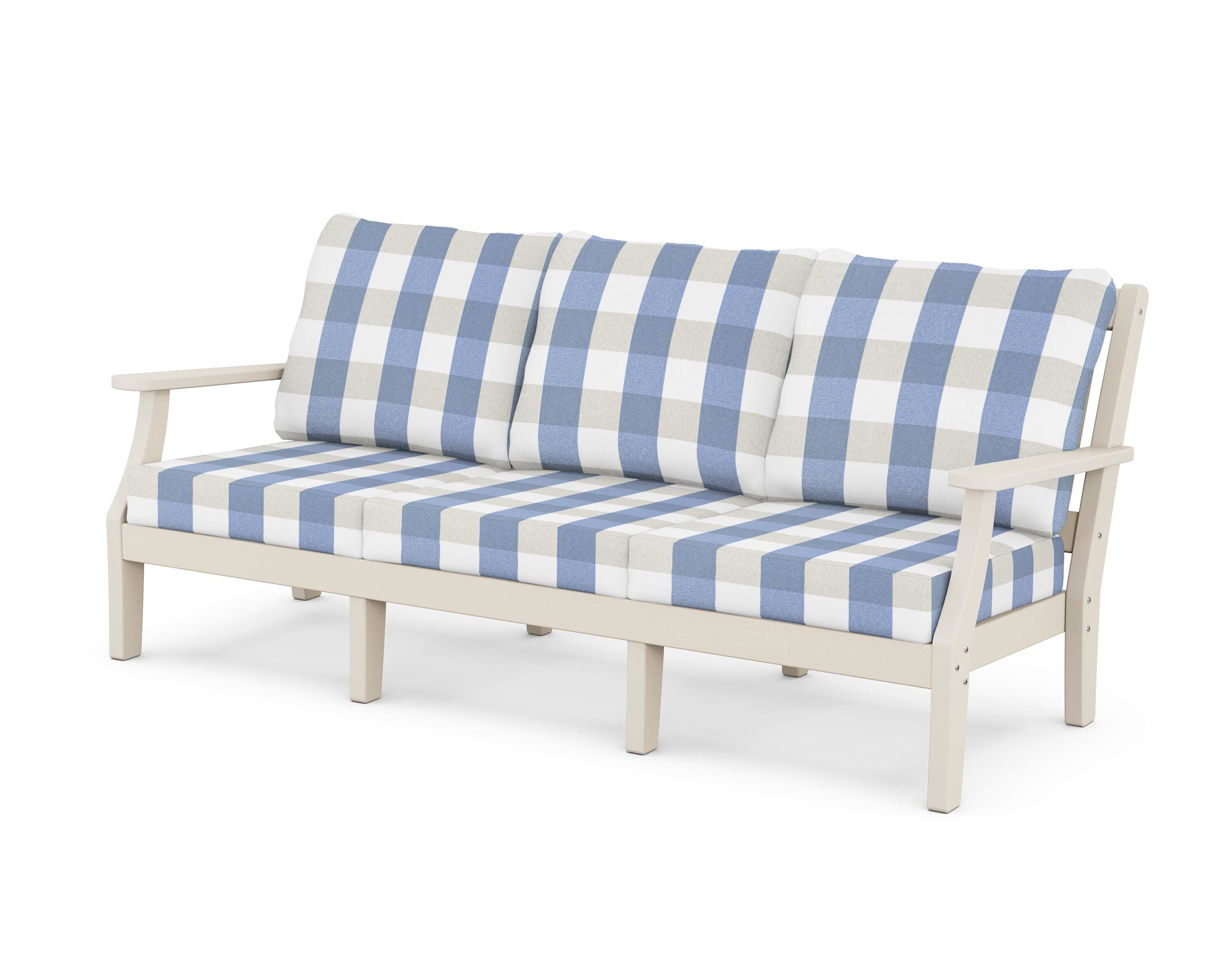 Martha Stewart by POLYWOOD® Chinoiserie Deep Seating Sofa in Sand / Buffalo Plaid Sky Blue