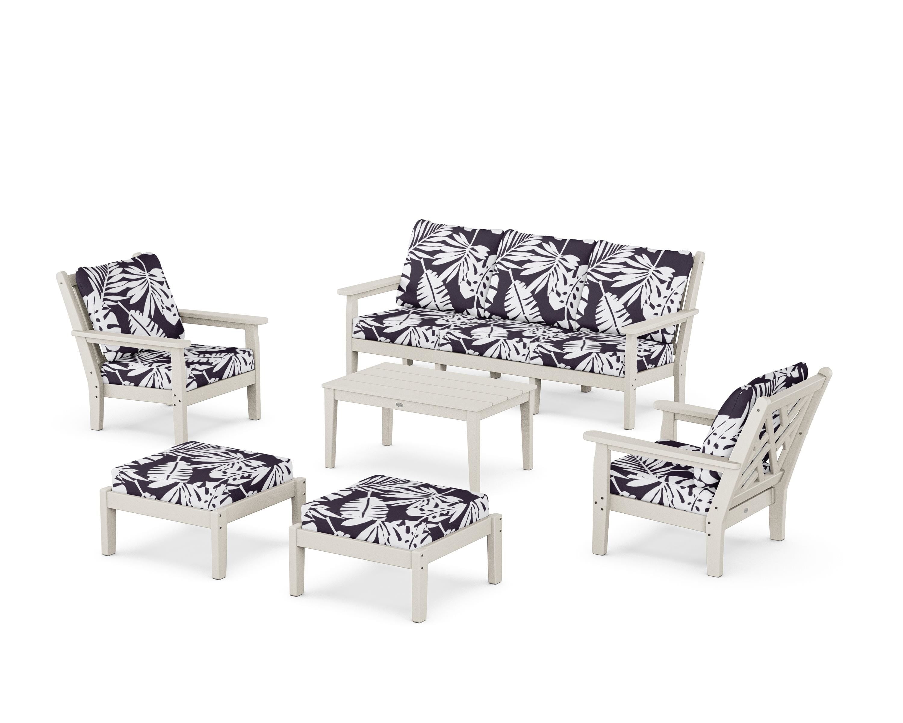 POLYWOOD® Chippendale 6-Piece Lounge Sofa Set in Sand / Leaf Navy