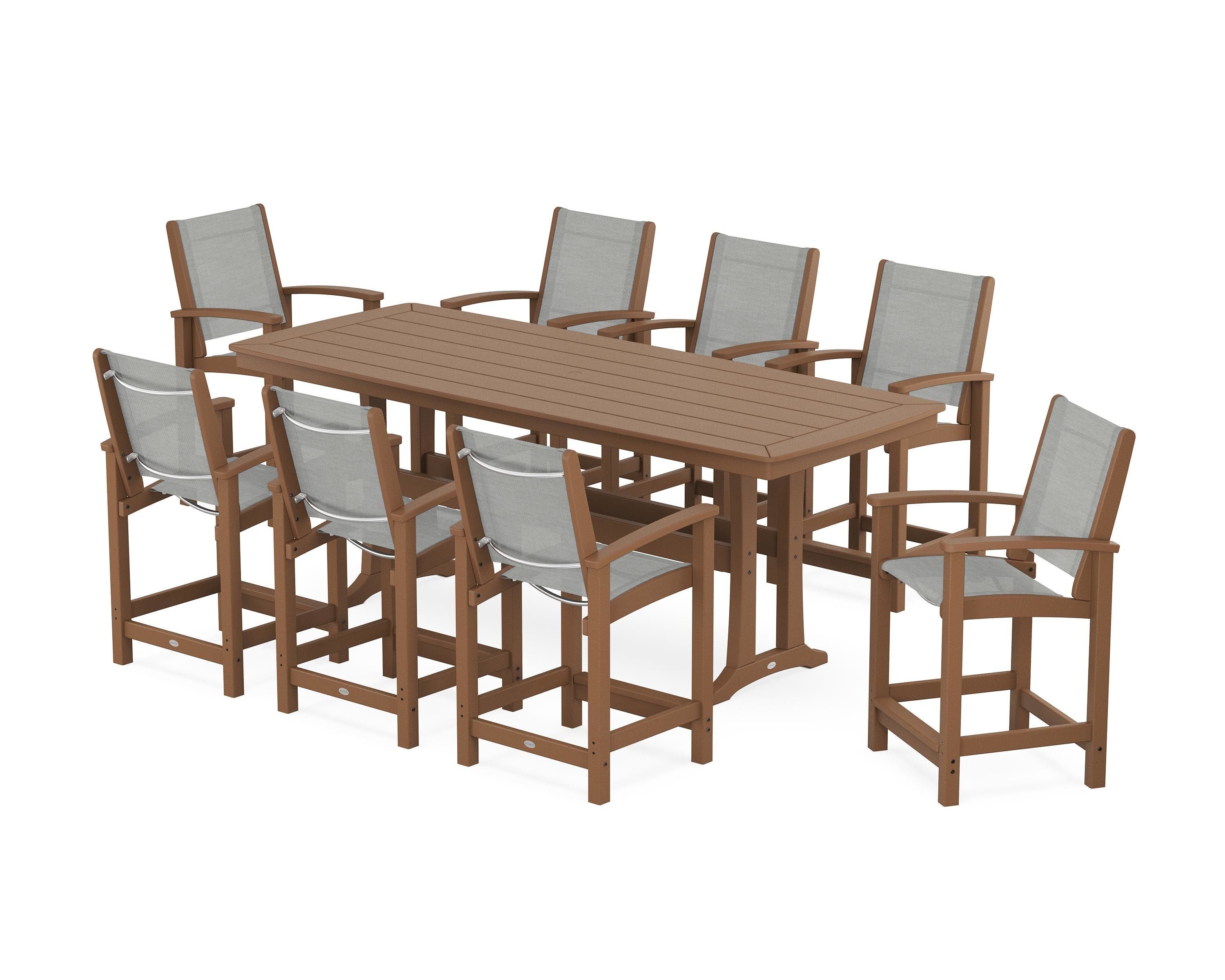POLYWOOD® Coastal 9-Piece Counter Set with Trestle Legs in Teak / Metallic Sling