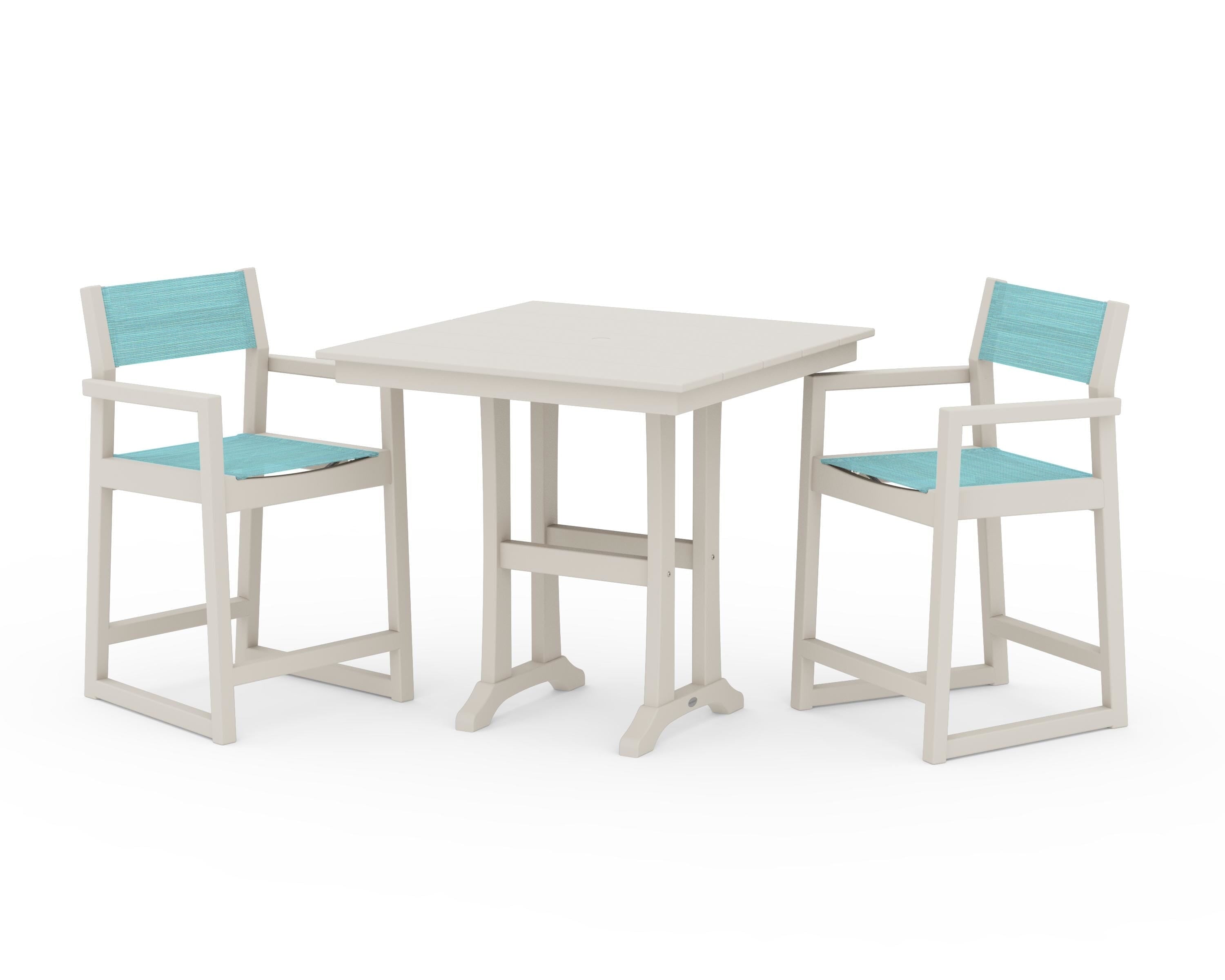 POLYWOOD® EDGE Sling Arm Chair 3-Piece Farmhouse Counter Set with Trestle Legs in Sand / Dupioni Aquamarine Sling