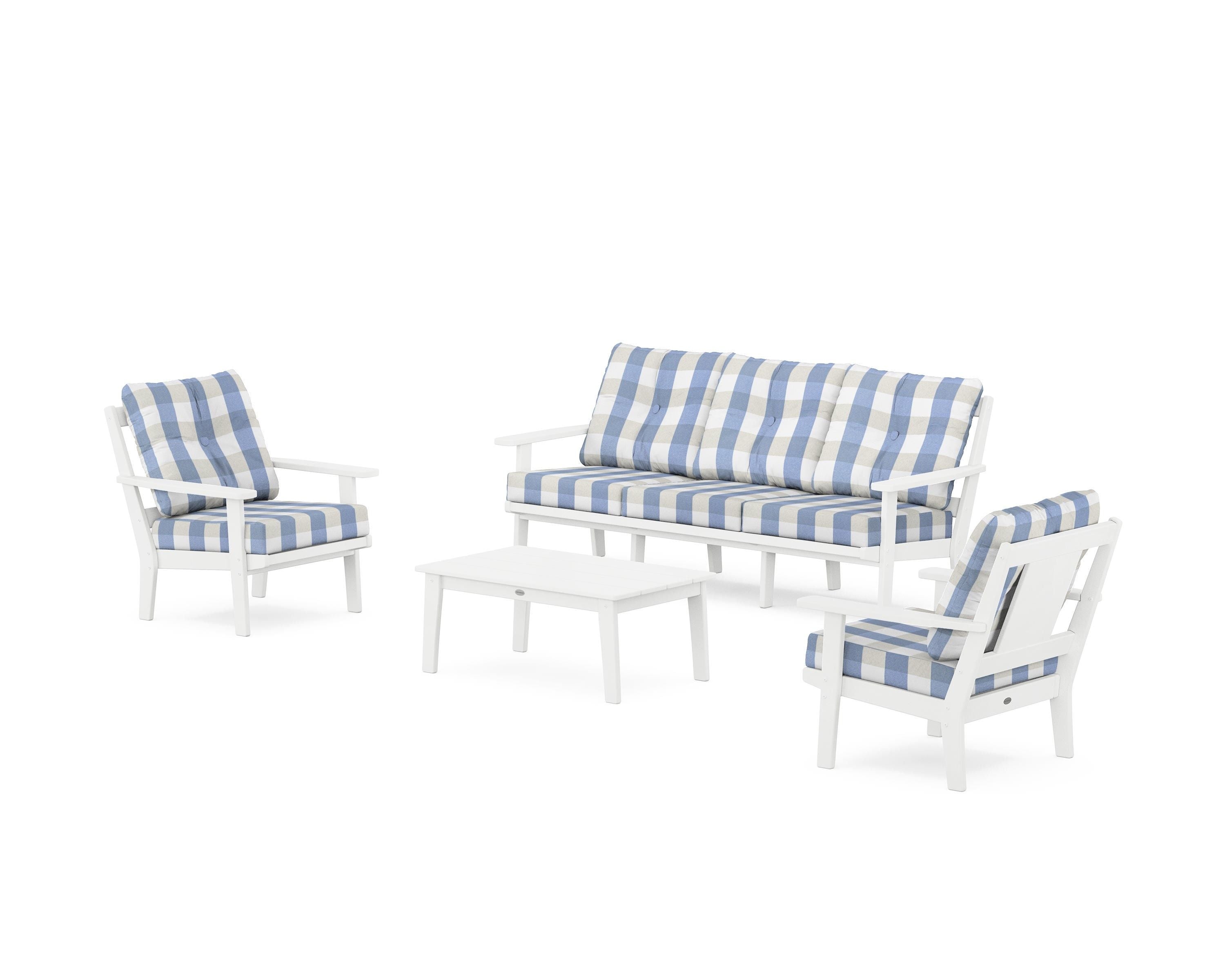 POLYWOOD® Prairie 4-Piece Deep Seating Set with Sofa in White / Buffalo Plaid Sky Blue