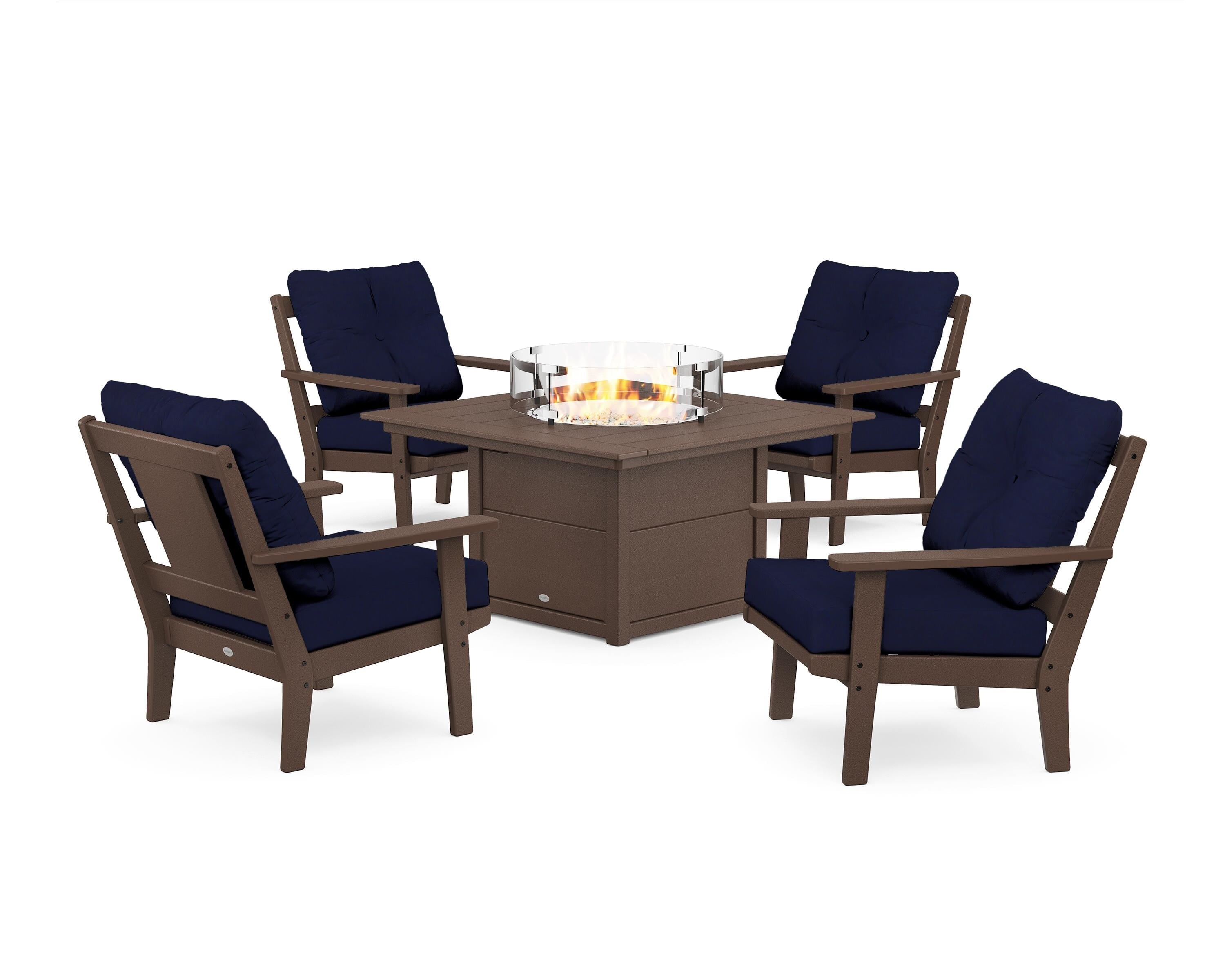 POLYWOOD® Prairie 5-Piece Deep Seating Set with Fire Pit Table in Mahogany / Navy