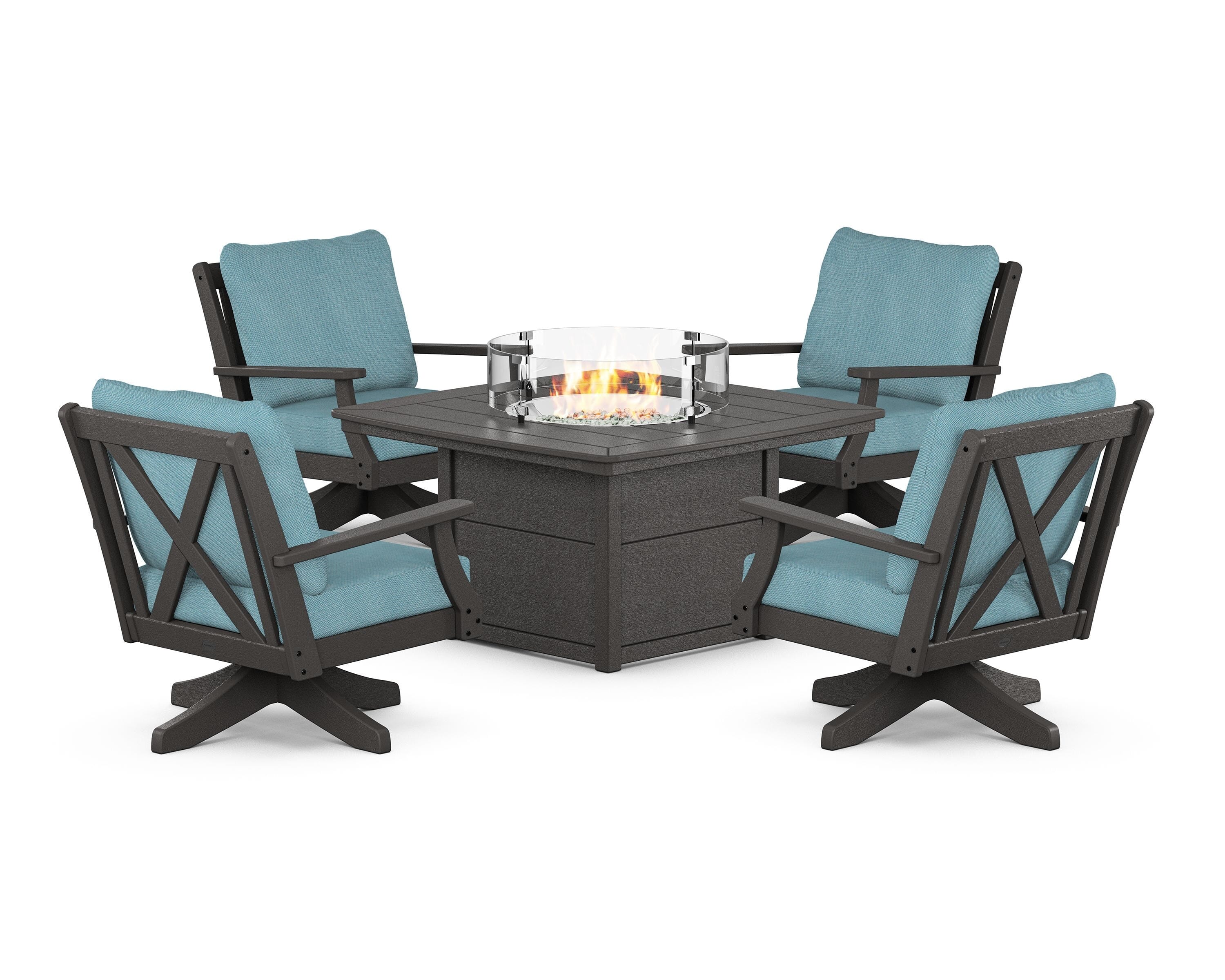 POLYWOOD® Braxton 5-Piece Deep Seating Swivel Conversation Set with Fire Pit Table in Vintage Coffee / Lattice Sky Blue