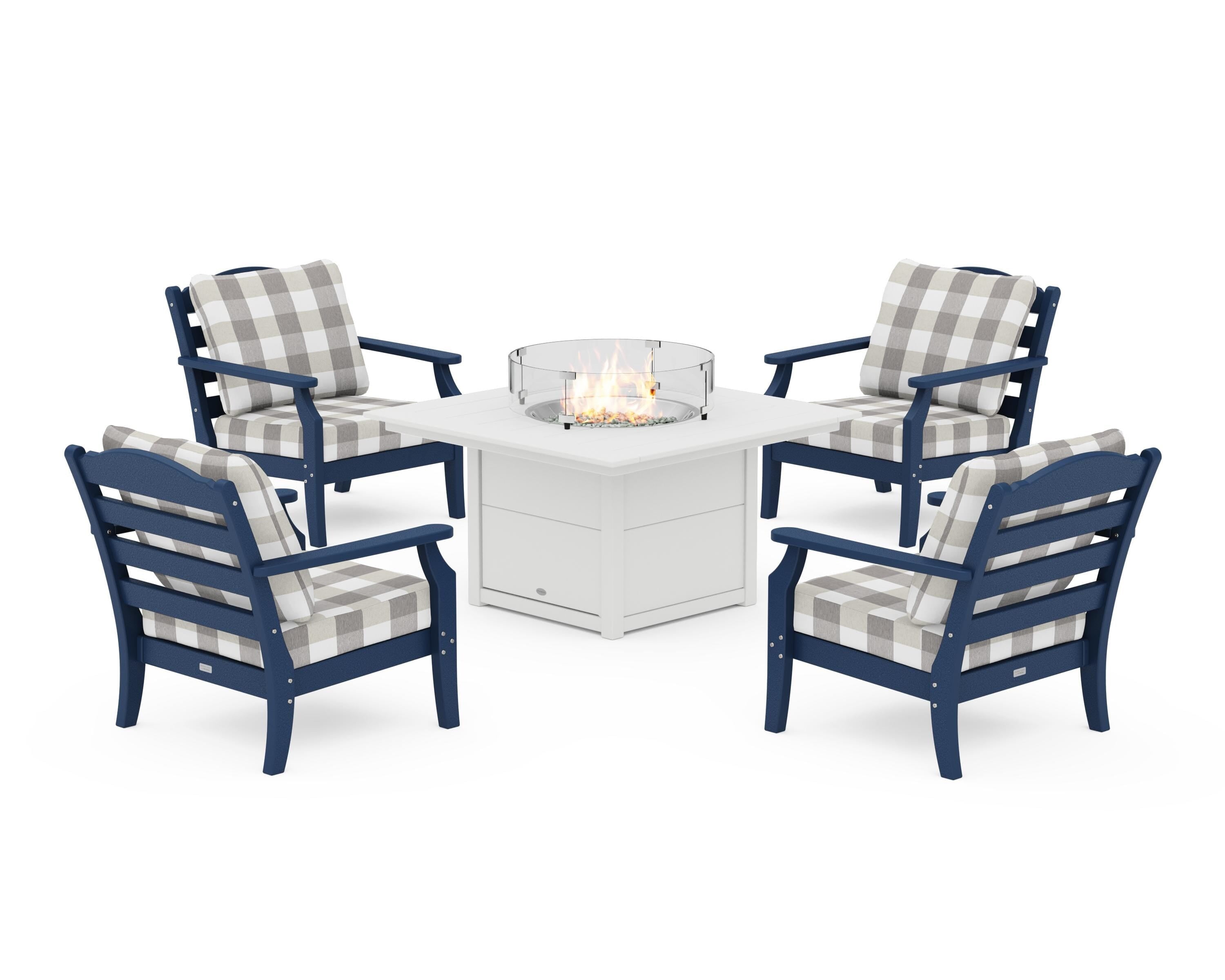 Draper James™ by POLYWOOD® Savannah 5-Piece Deep Seating Set with Fire Pit Table in Navy / Buffalo Plaid Grey Mist