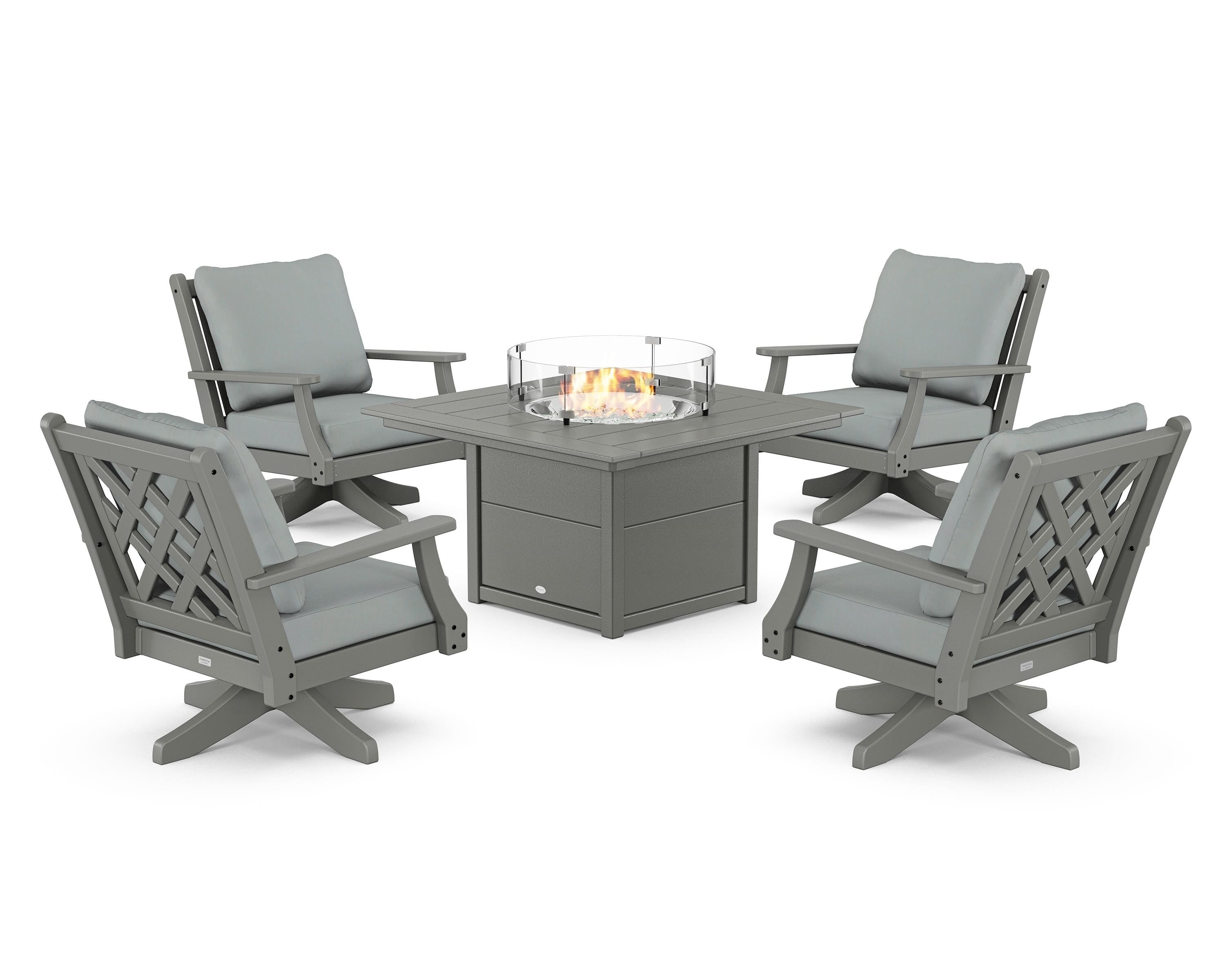 Country Living Wovendale 5-Piece Deep Seating Swivel Conversation Set with Fire Pit Table in Slate Grey / Spa
