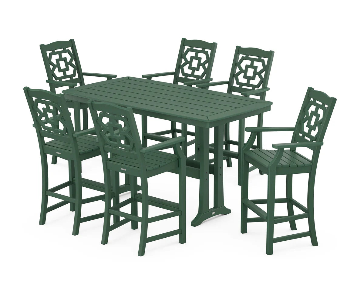 Chinoiserie Arm Chair 7-Piece Bar Set with Trestle Legs