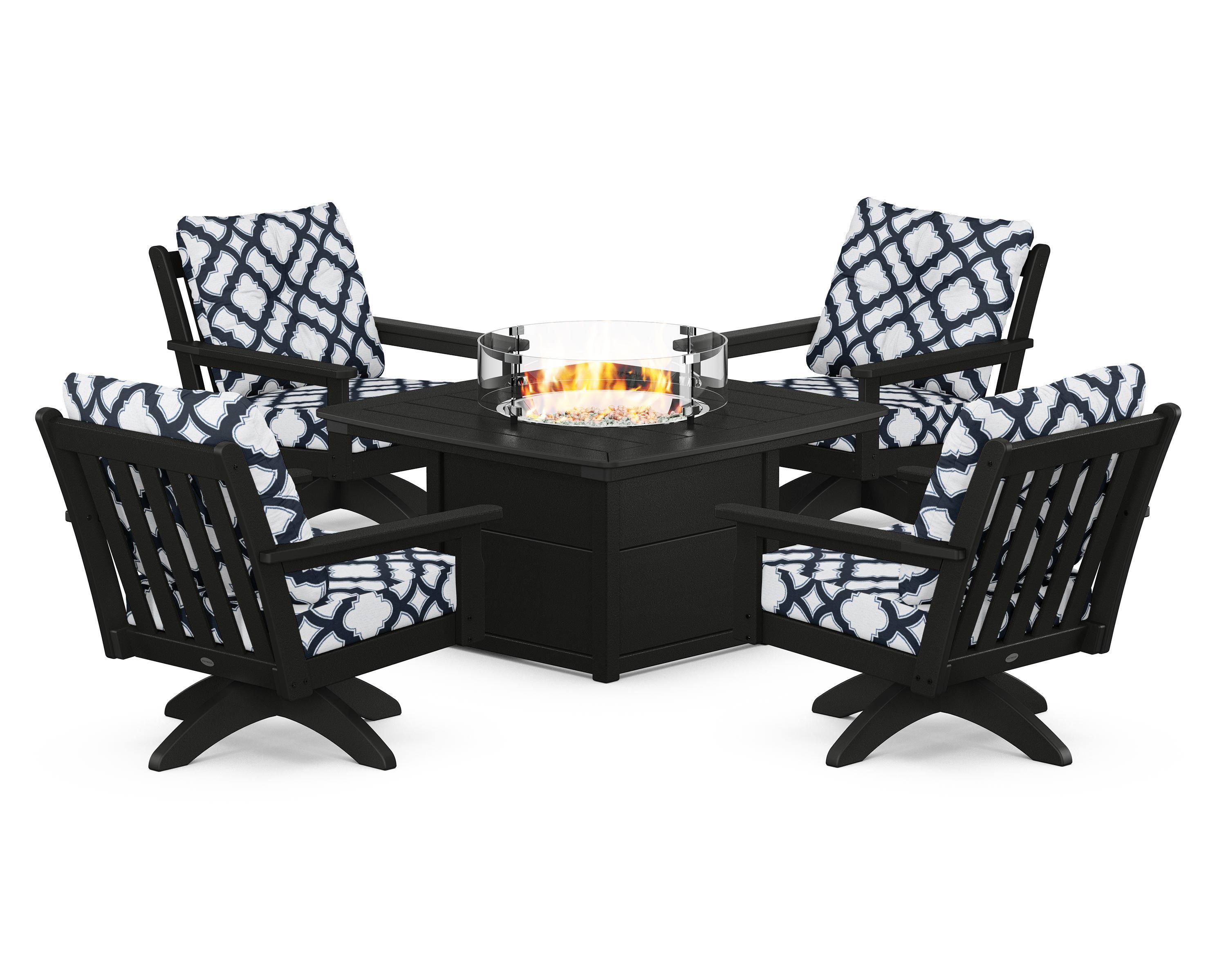 POLYWOOD® Vineyard 5-Piece Deep Seating Swivel Conversation Set with Fire Pit Table in Black / Trellis Marine Indigo