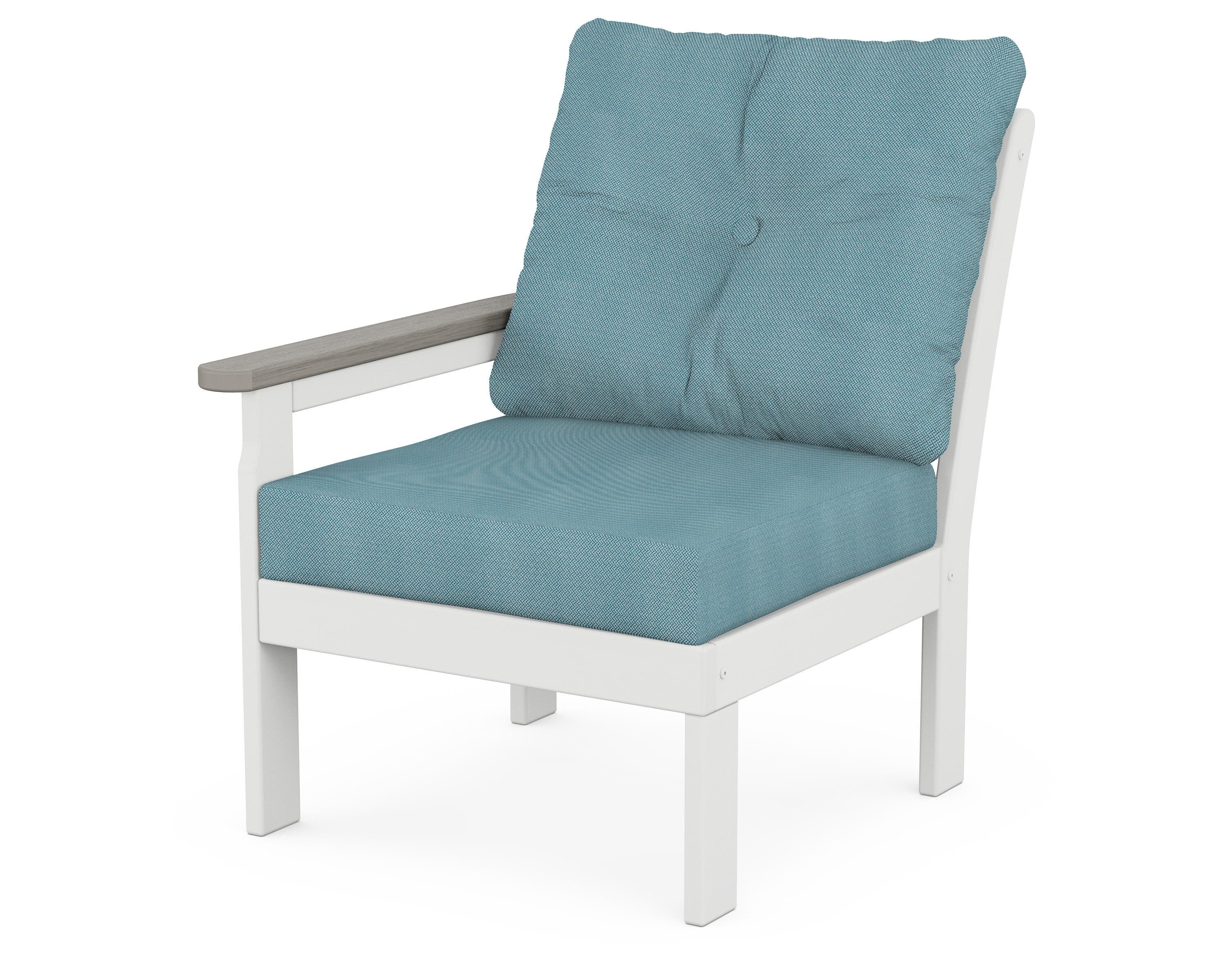 POLYWOOD® Vineyard Modular Left Arm Chair in White / Driftwood / Lattice Sky Blue