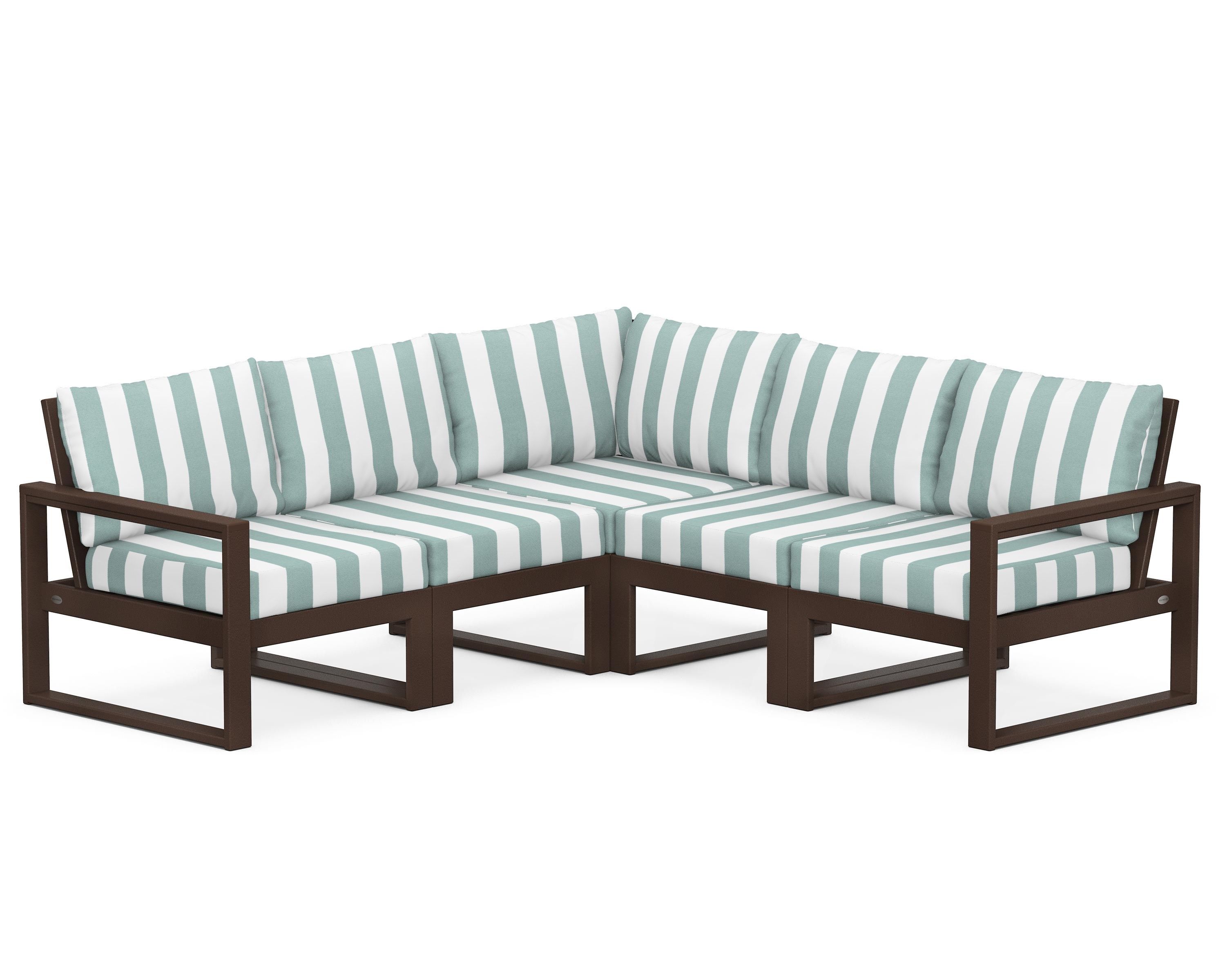 POLYWOOD® EDGE 5-Piece Modular Deep Seating Set in Mahogany / Cabana Stripe Glacier Spa