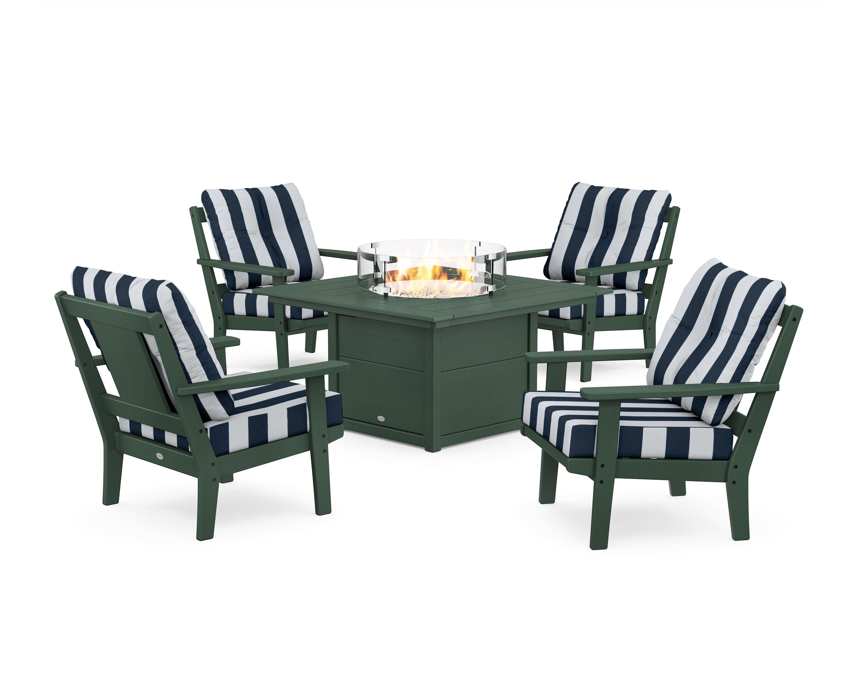 POLYWOOD® Prairie 5-Piece Deep Seating Set with Fire Pit Table in Green / Cabana Stripe Marine Indigo
