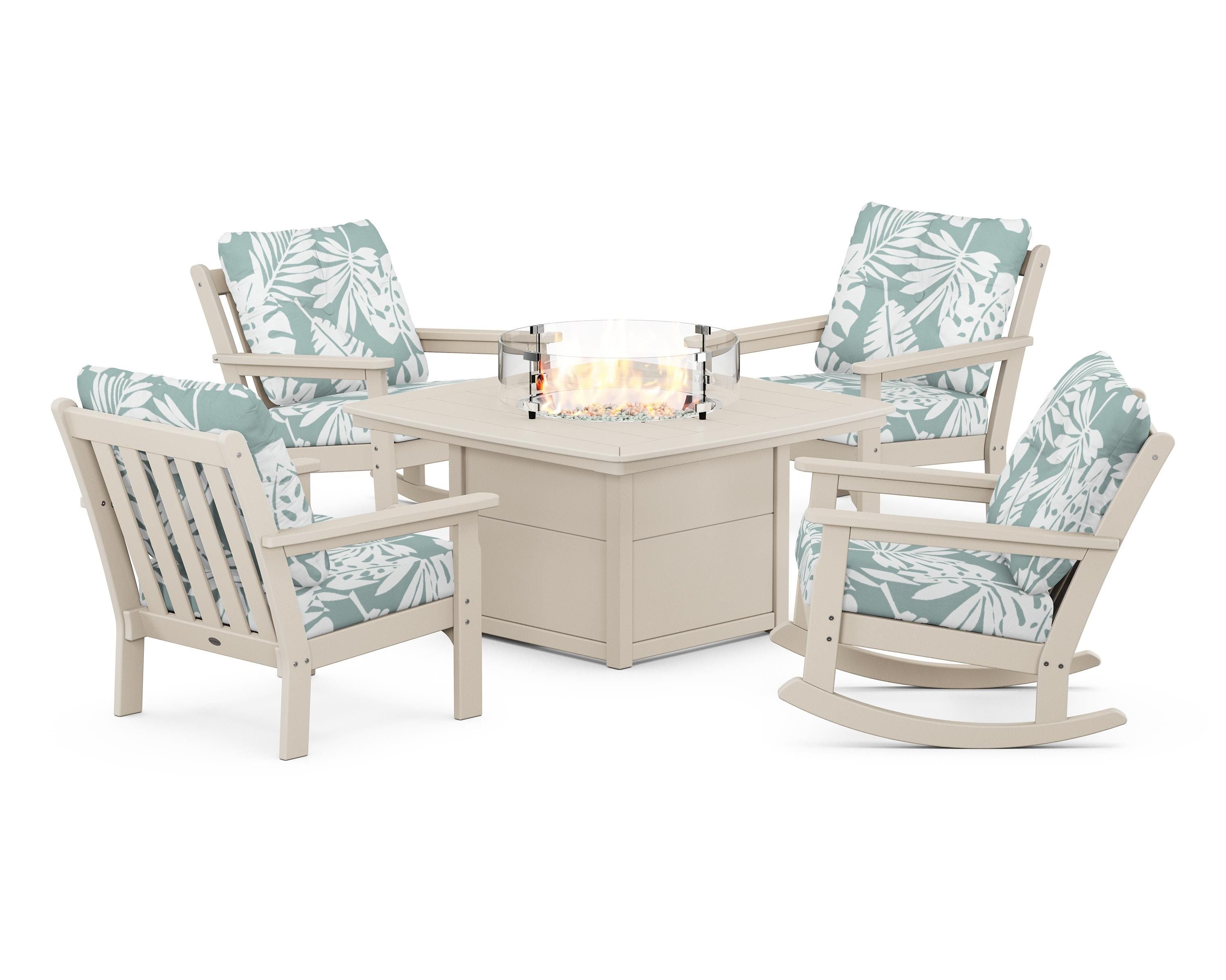 POLYWOOD® Vineyard 5-Piece Deep Seating Rocking Chair Conversation Set with Fire Pit Table in Sand / Leaf Glacier Spa