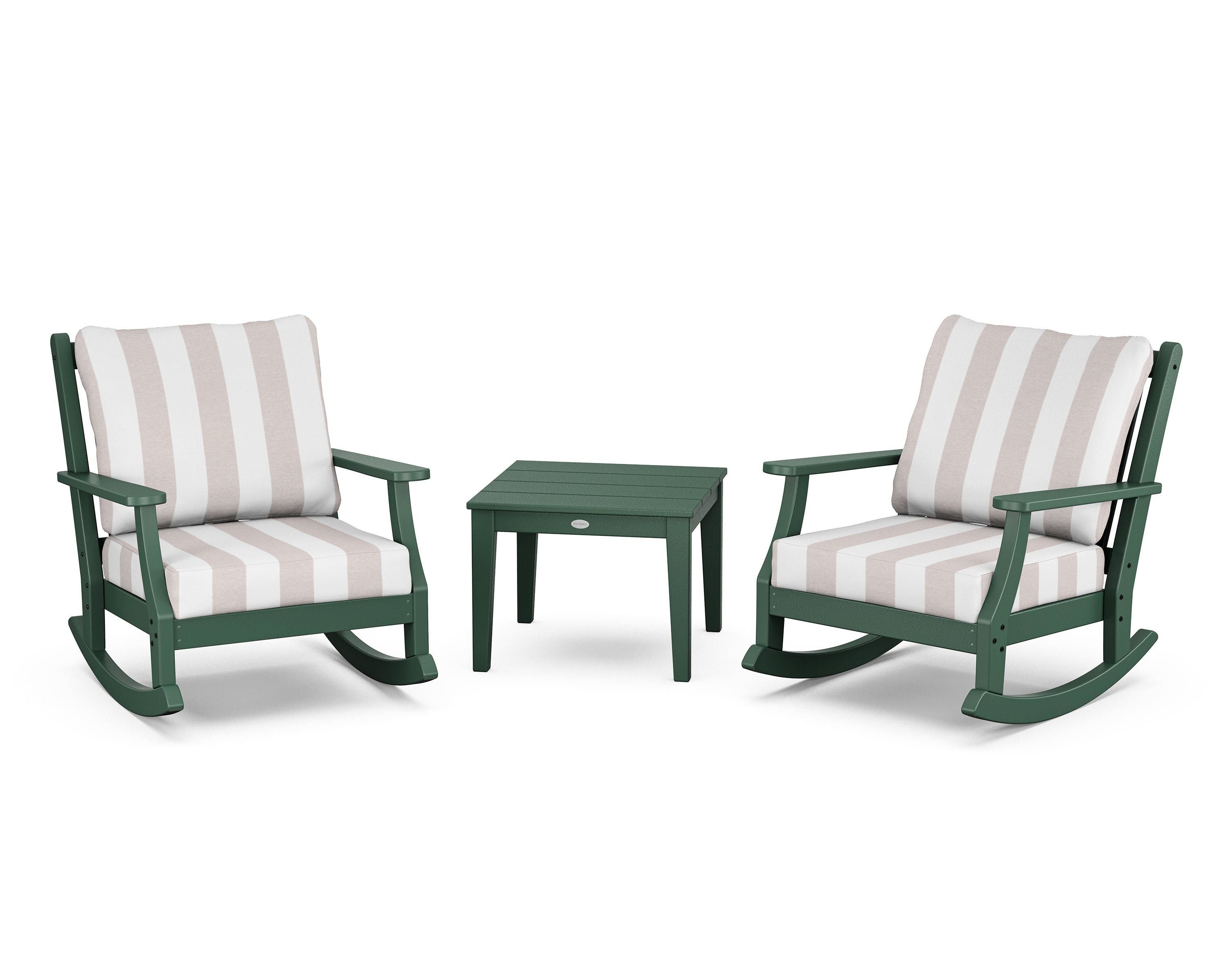Country Living Wovendale 3-Piece Deep Seating Rocker Set in Green / Cabana Stripe Dune Burlap