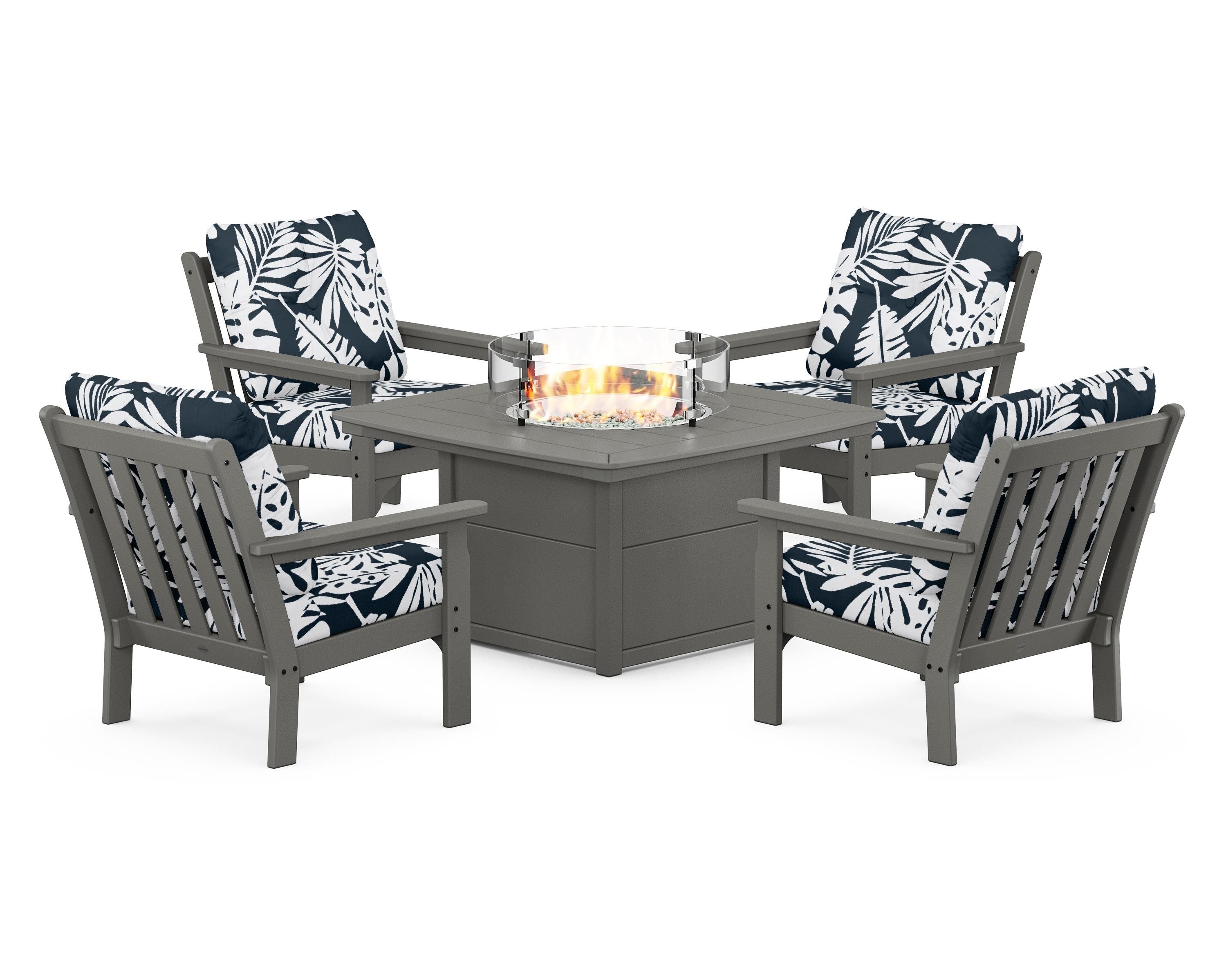 POLYWOOD® Vineyard 5-Piece Conversation Set with Fire Pit Table in Slate Grey / Leaf Marine Indigo