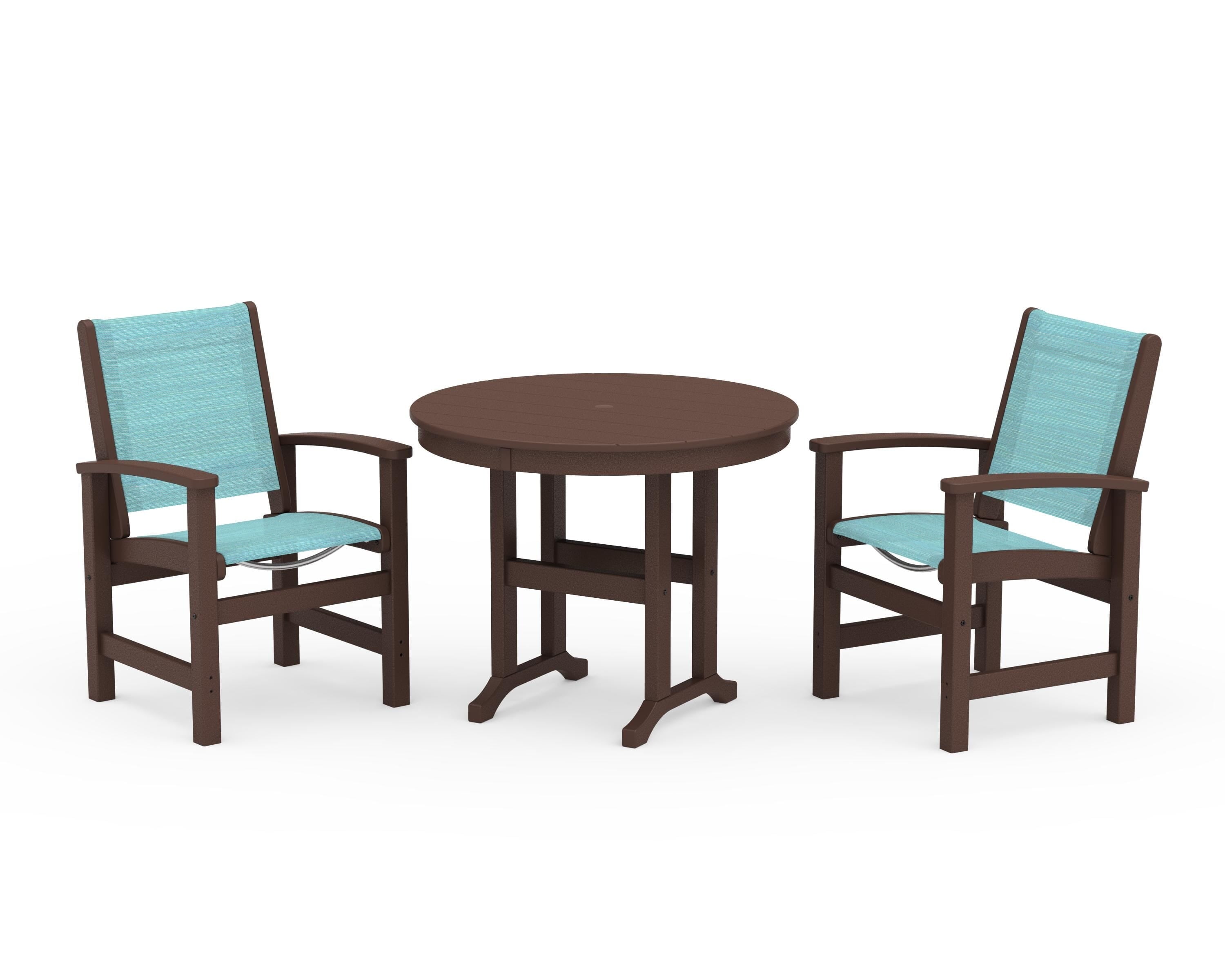 POLYWOOD® Coastal 3-Piece Round Dining Set in Mahogany / Dupioni Aquamarine Sling