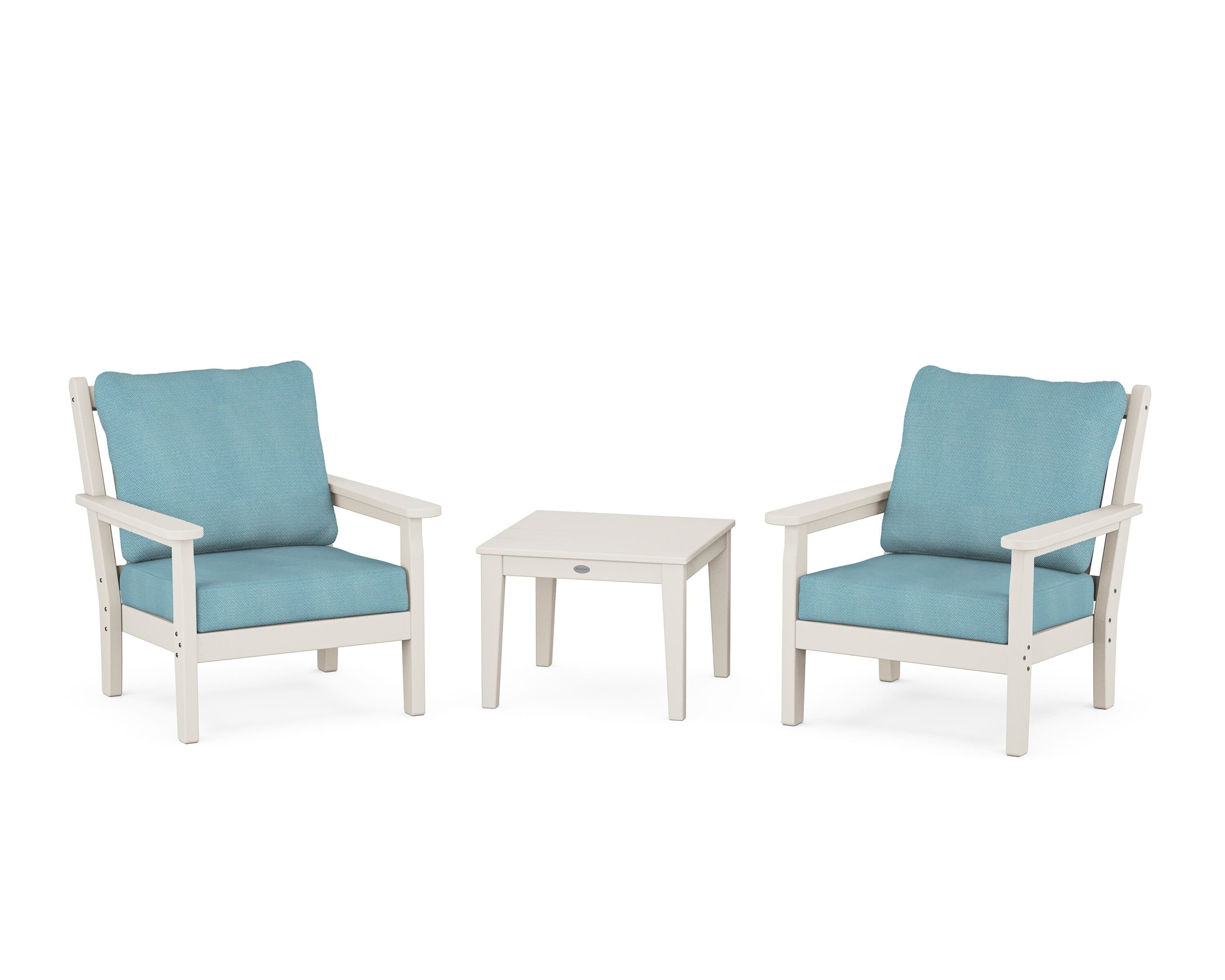 POLYWOOD® Chippendale 3-Piece Deep Seating Set in Sand / Lattice Sky Blue