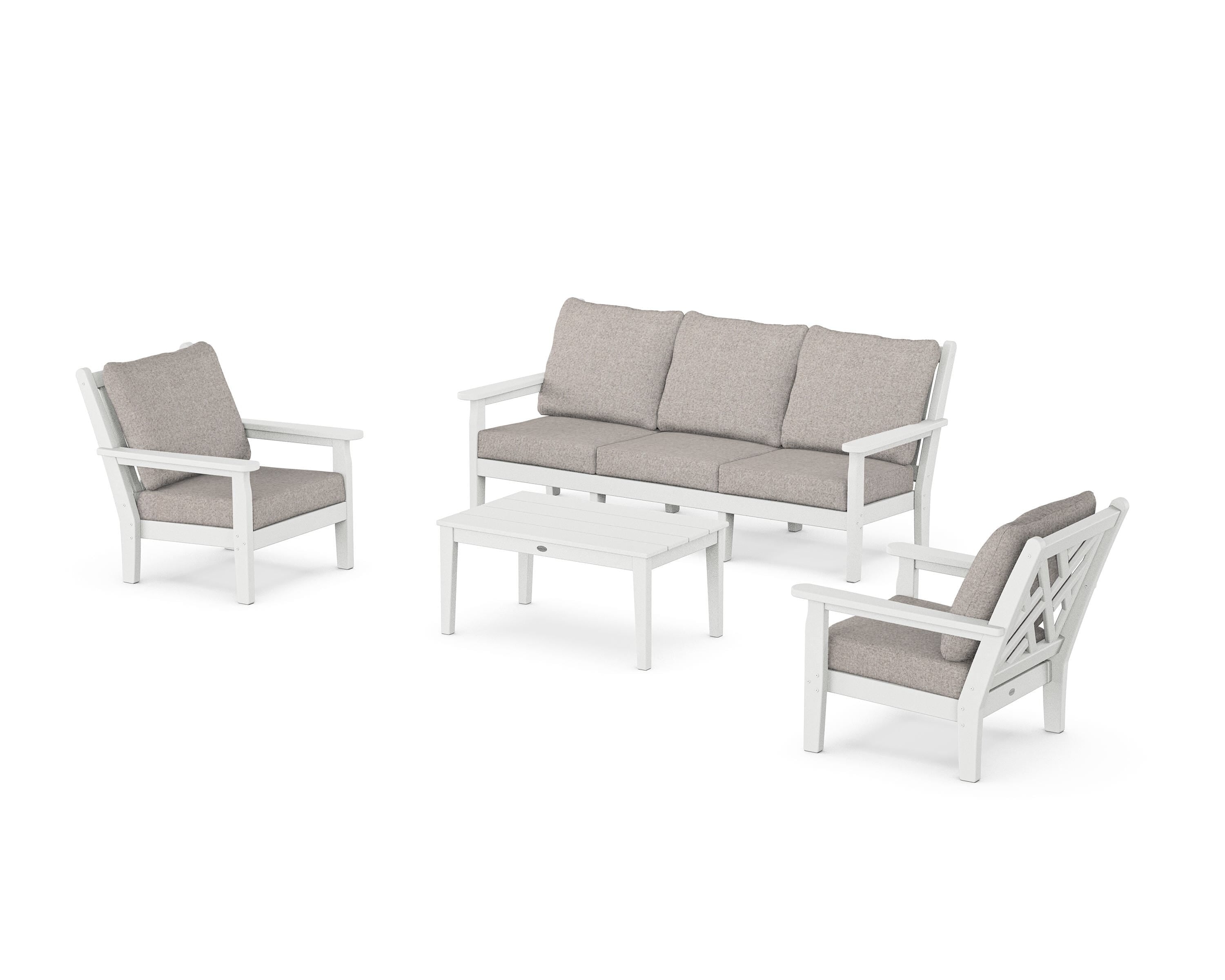 POLYWOOD® Chippendale 4-Piece Deep Seating Set with Sofa in White / Weathered Tweed