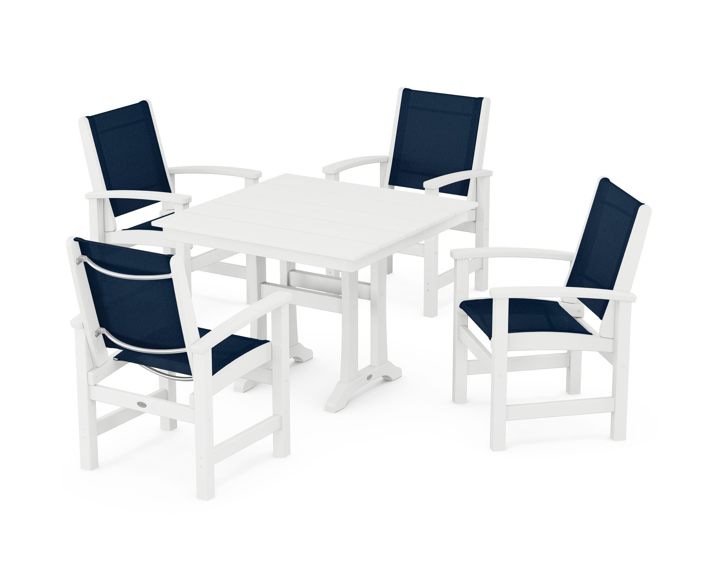 POLYWOOD® Coastal 5-Piece Farmhouse Dining Set With Trestle Legs in White / Navy Blue Sling