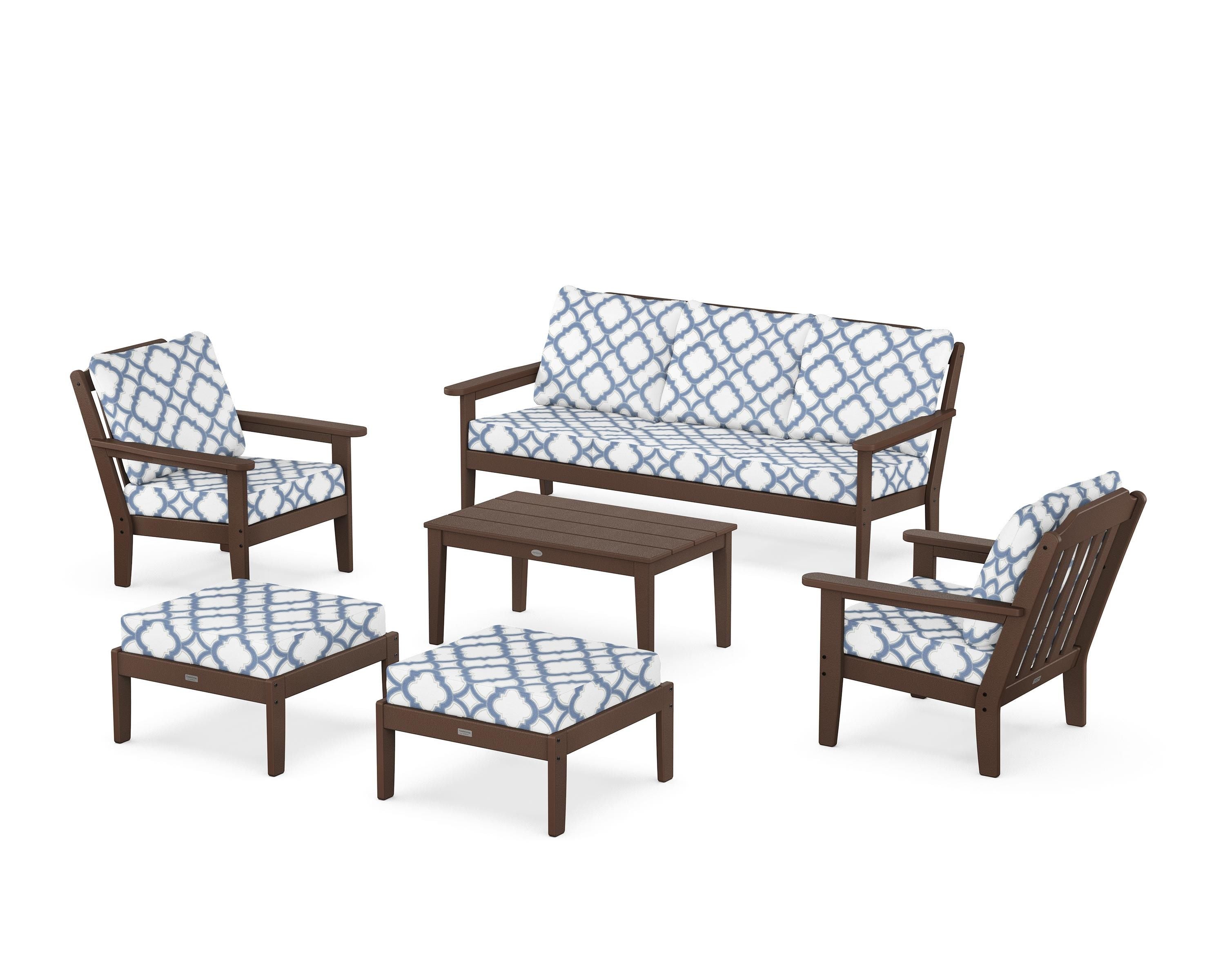 Country Living Cottage 6-Piece Lounge Sofa Set in Mahogany / Trellis Sky Blue