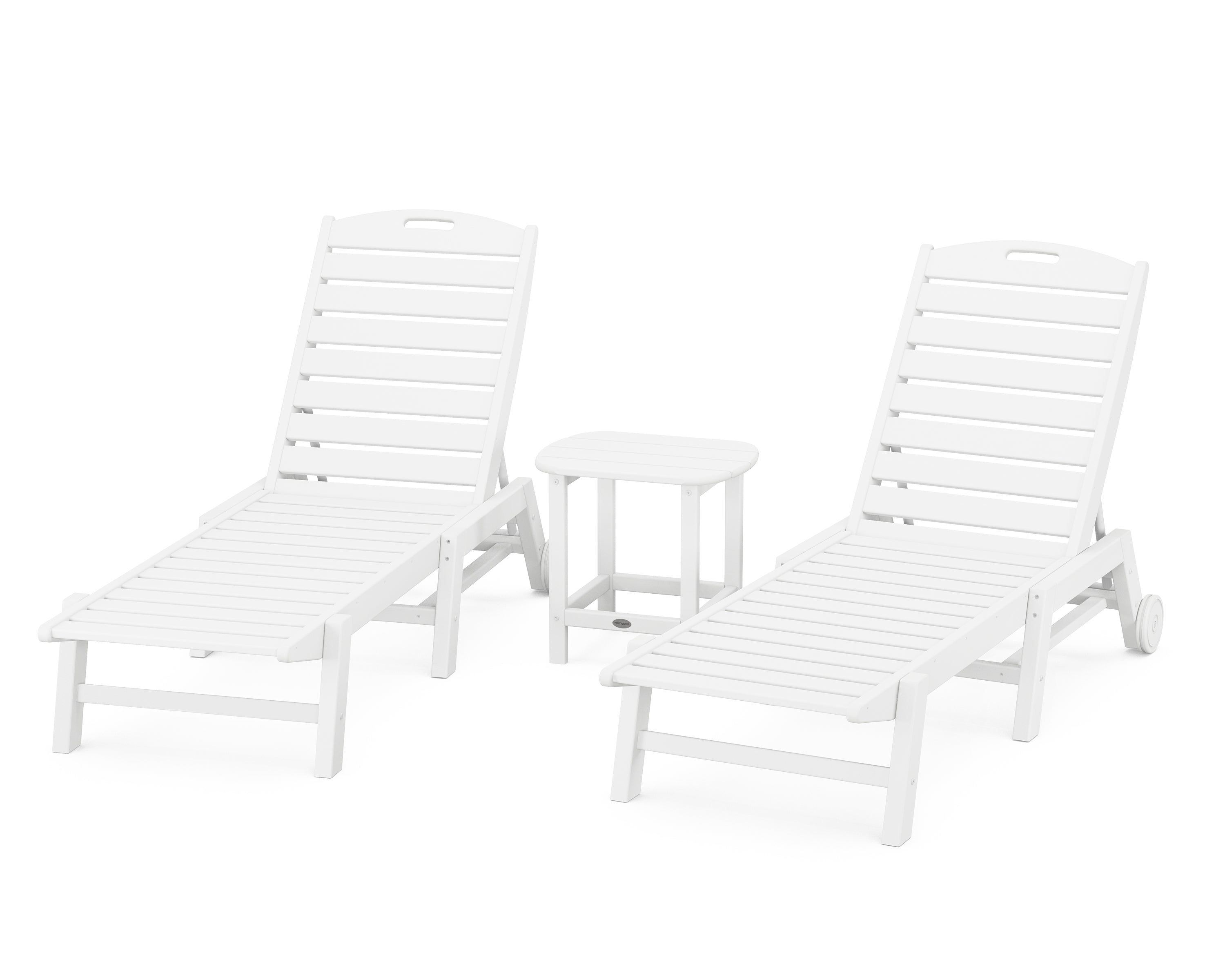 POLYWOOD® Nautical 3-Piece Chaise Lounge with Wheels Set with South Beach 18" Side Table in White