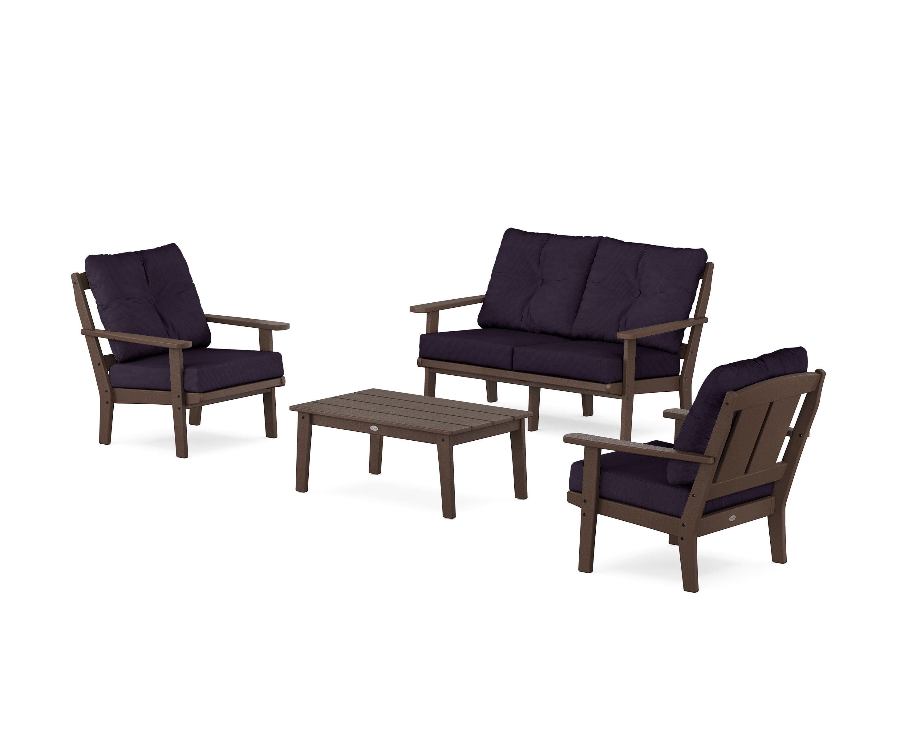 POLYWOOD® Mission 4-Piece Deep Seating Set with Loveseat in Mahogany / Navy Linen