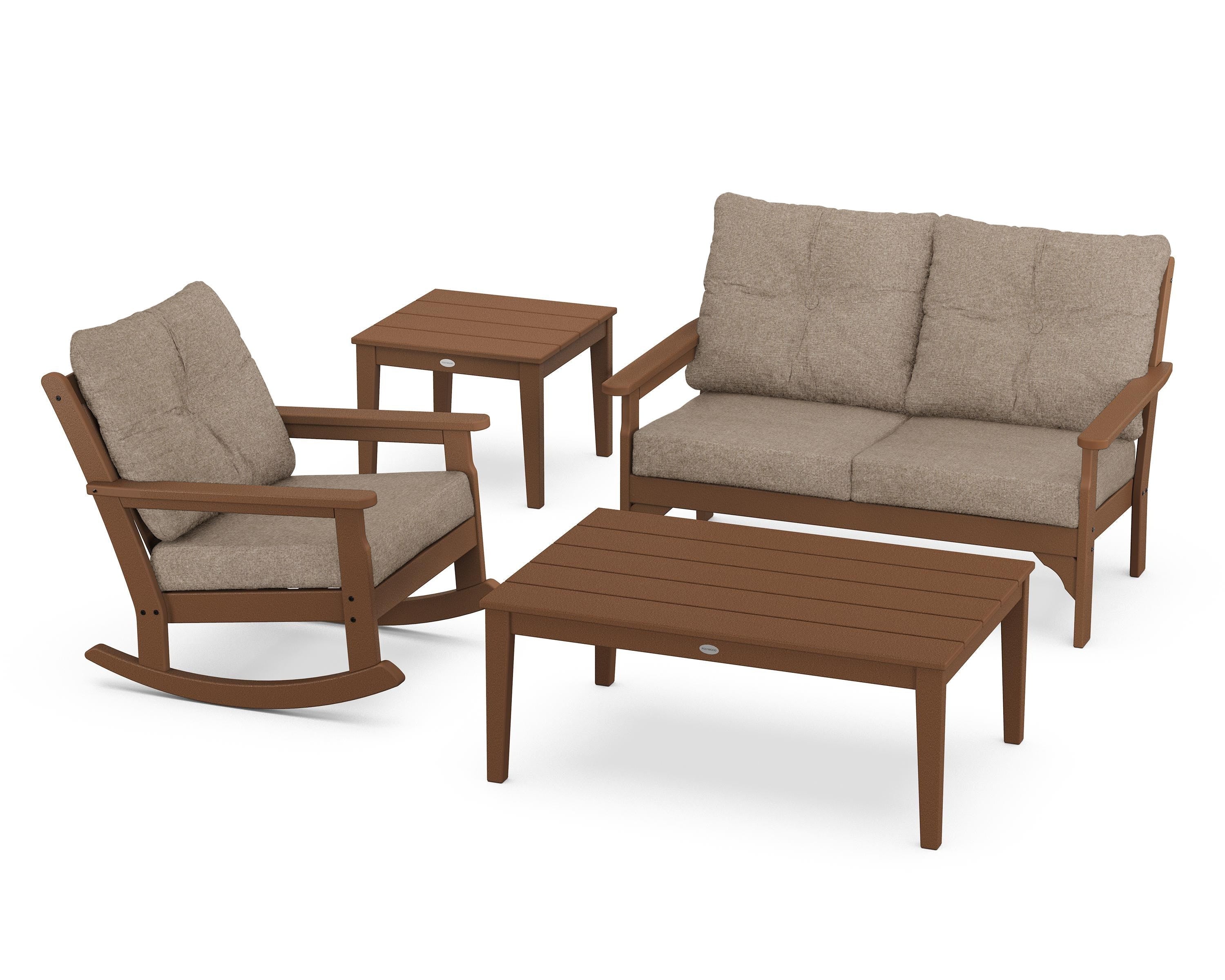 POLYWOOD® Vineyard 4-Piece Deep Seating Rocker Set in Teak / Spiced Burlap