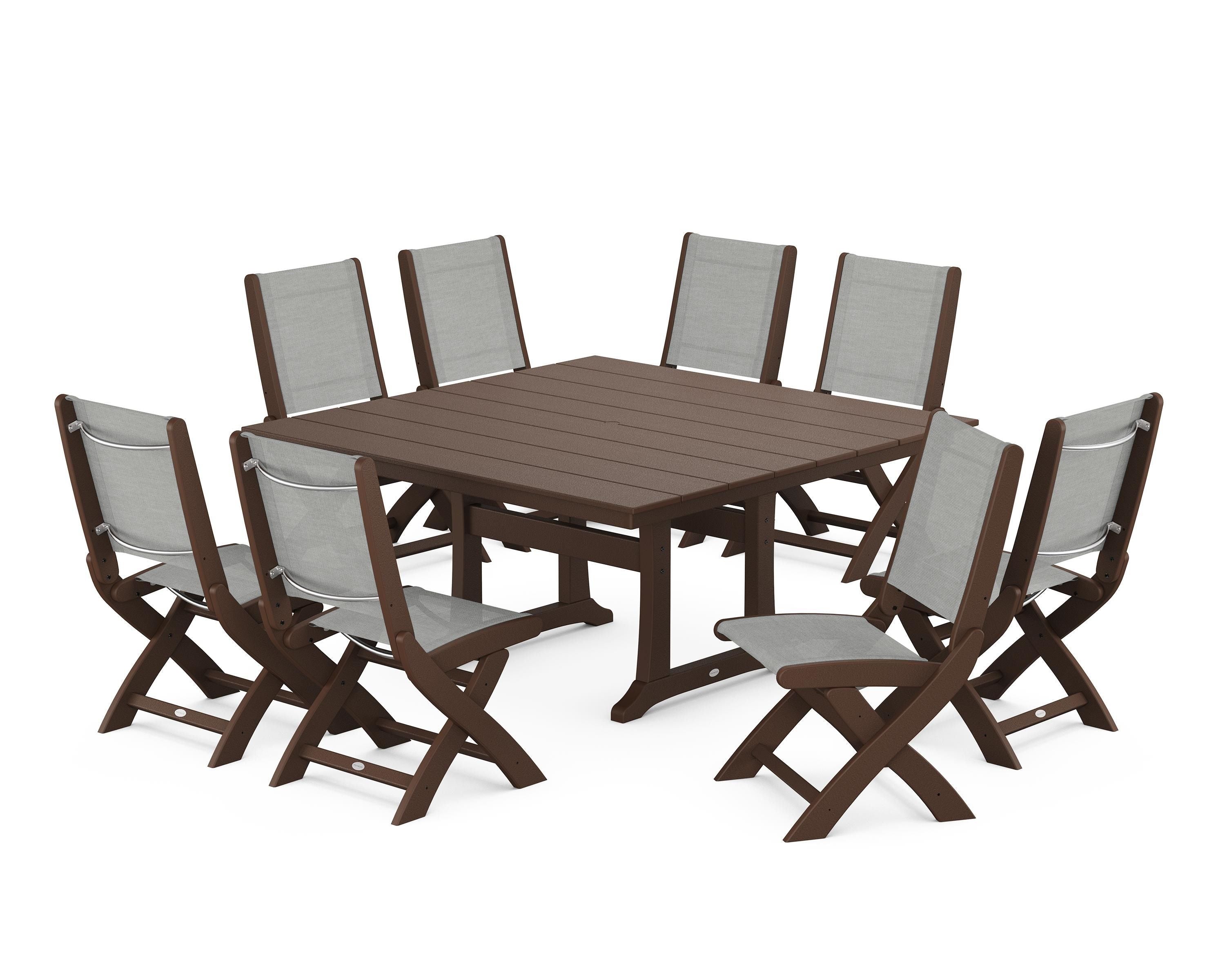 POLYWOOD® Coastal Folding Side Chair 9-Piece Farmhouse Dining Set in Mahogany / Metallic Sling