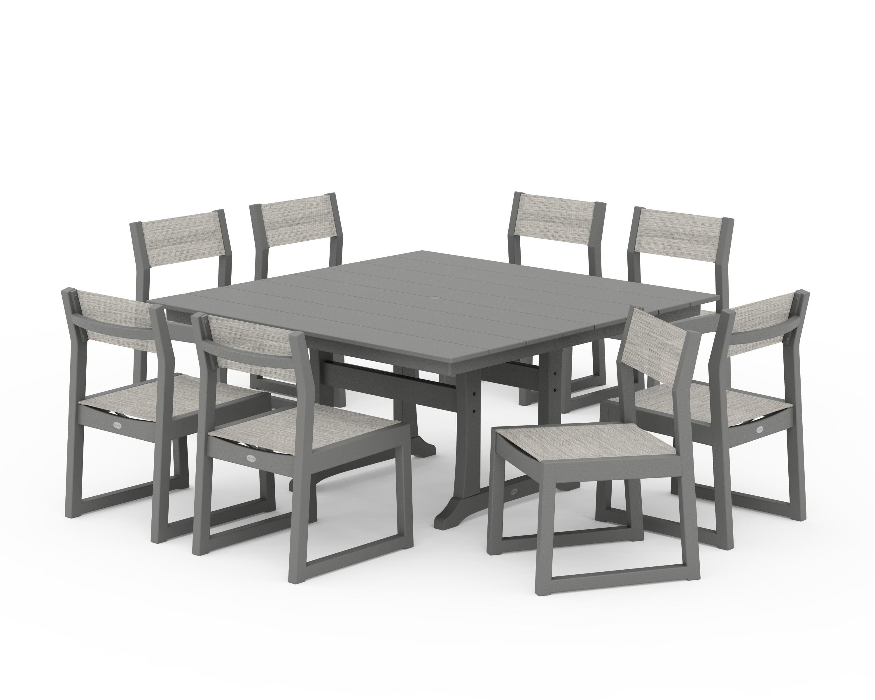 POLYWOOD® EDGE Sling Side Chair 9-Piece Farmhouse Trestle Dining Set in Slate Grey / Birch Sling