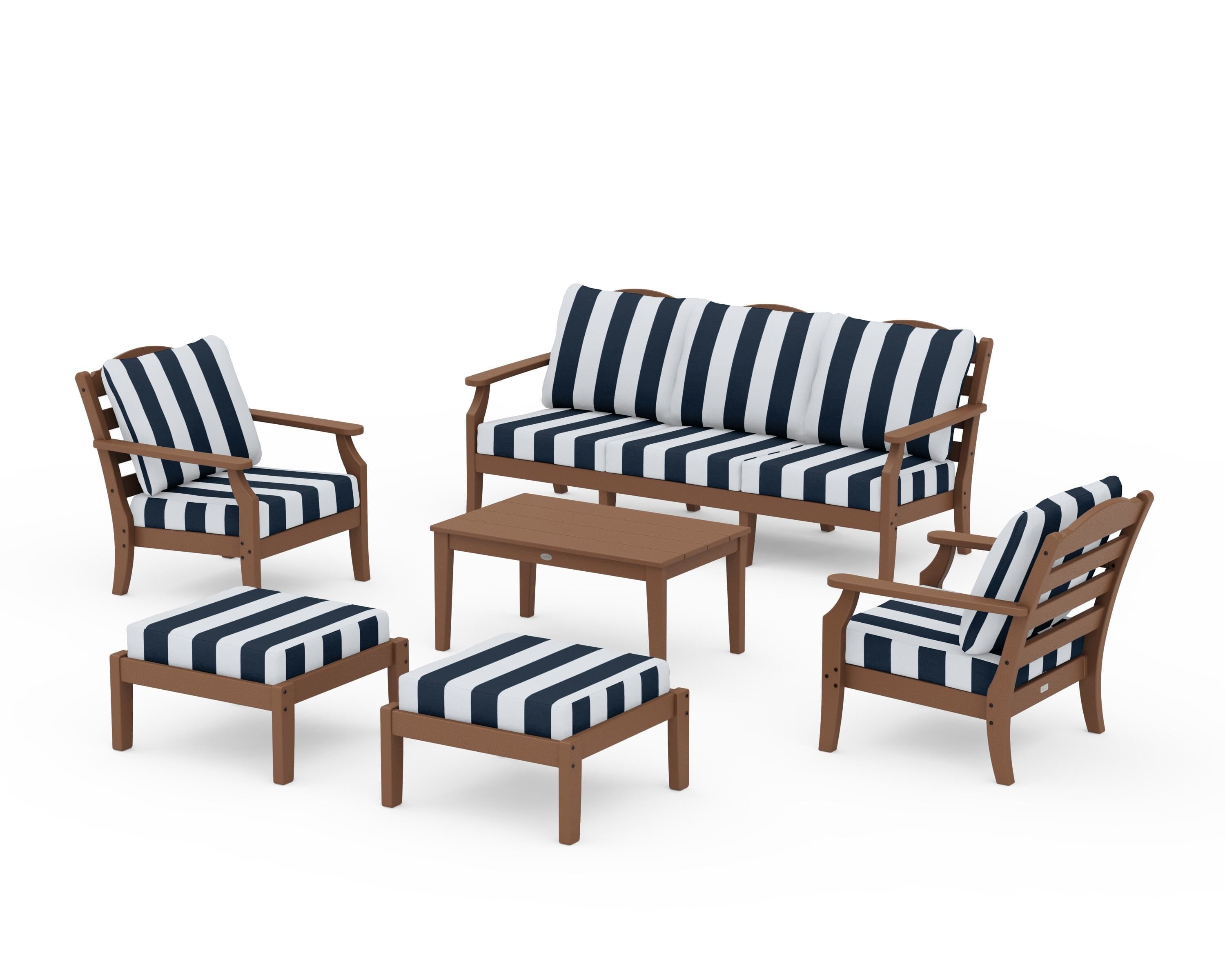 Draper James™ by POLYWOOD® Savannah 6-Piece Lounge Sofa Set in Teak / Cabana Stripe Marine Indigo