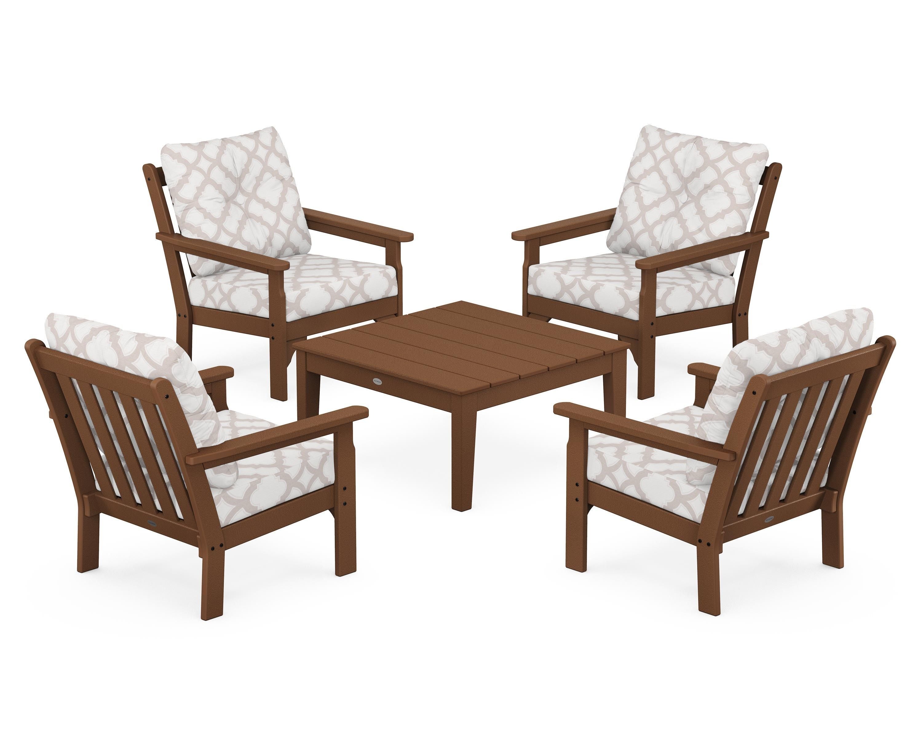 POLYWOOD® Vineyard 5-Piece Deep Seating Conversation Set in Teak / Trellis Dune Burlap