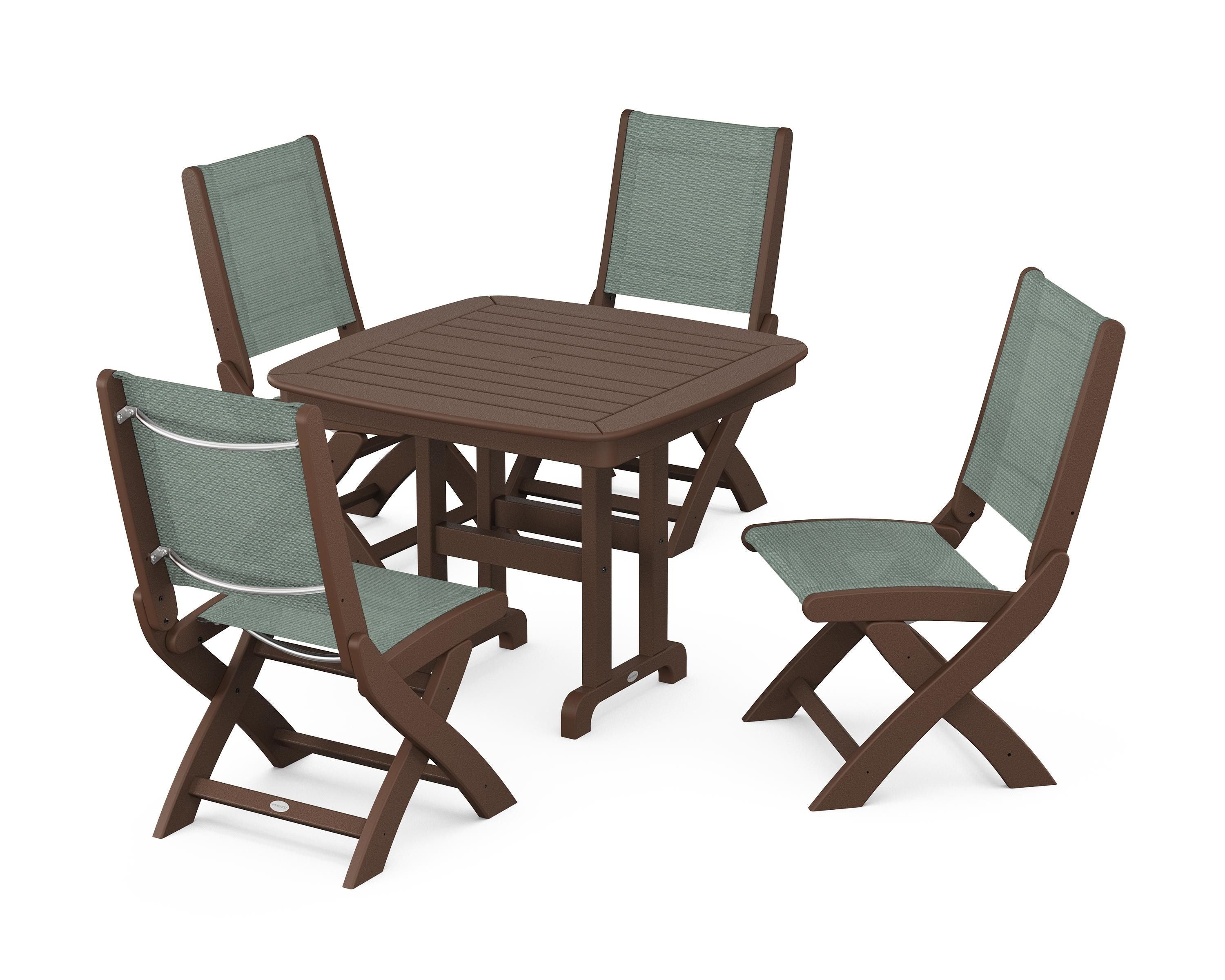 POLYWOOD® Coastal Folding Side Chair 5-Piece Dining Set in Mahogany / Dupioni Sea Mist Sling